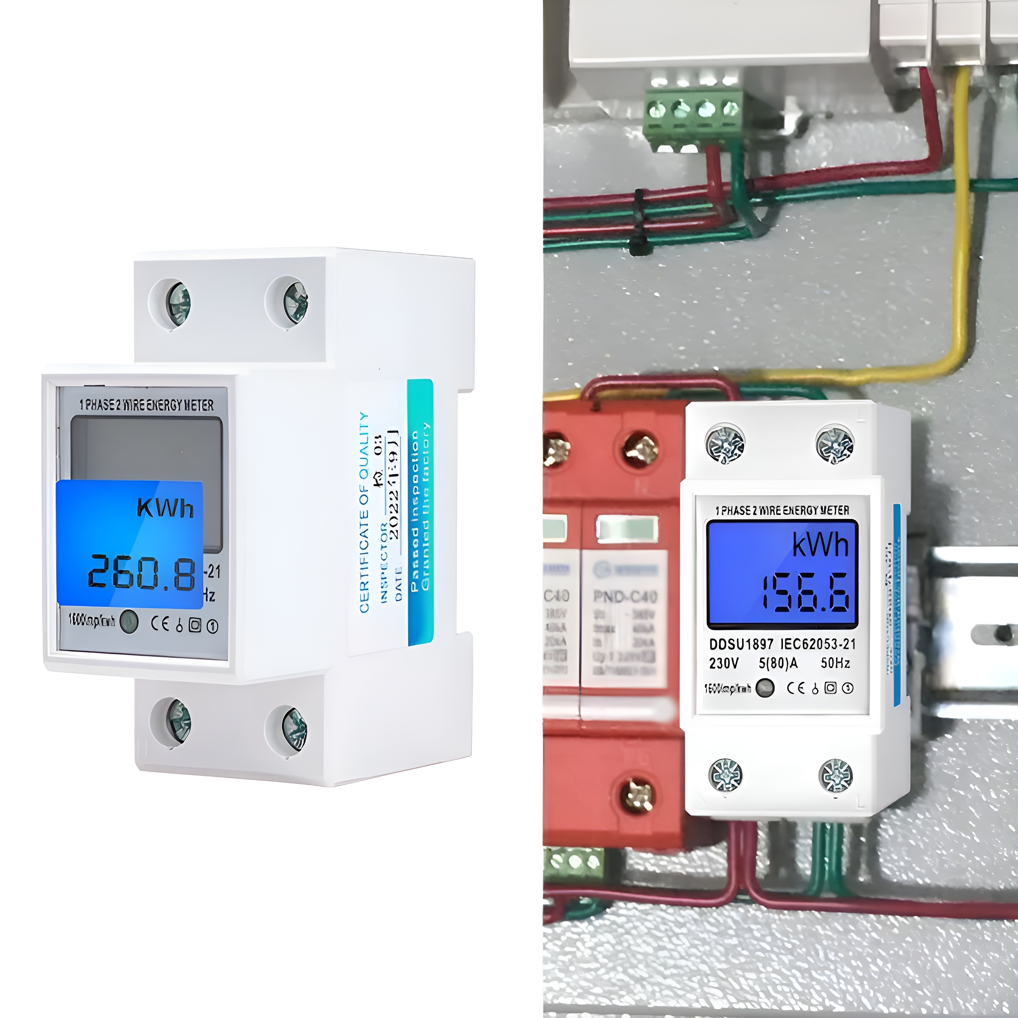Zwei Energiezähler. Einer mit 260,8 kWh, der andere mit 156,6 kWh. Blaue Anzeigen.