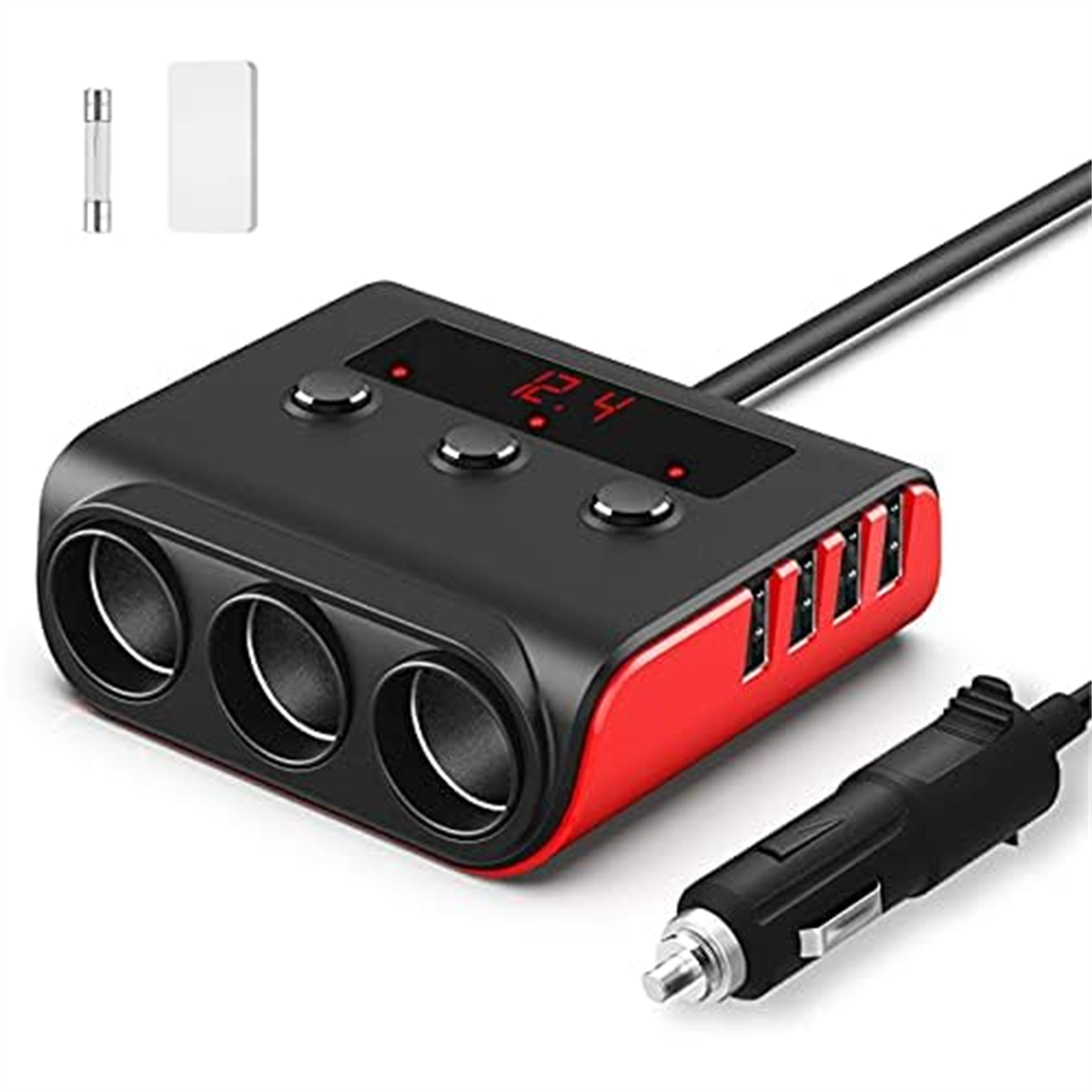 Schwarzes und rotes Autoladegerät mit drei Anschlüssen, USB-Anschlüssen und Digitalanzeige sowie einer separaten Sicherung.