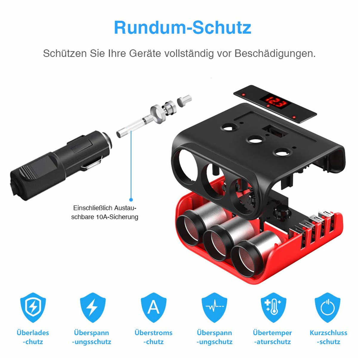 Schwarzes Autoladegerät mit roter Zierleiste, Explosionsansicht. Zeigt interne Komponenten und Schutzsymbole.