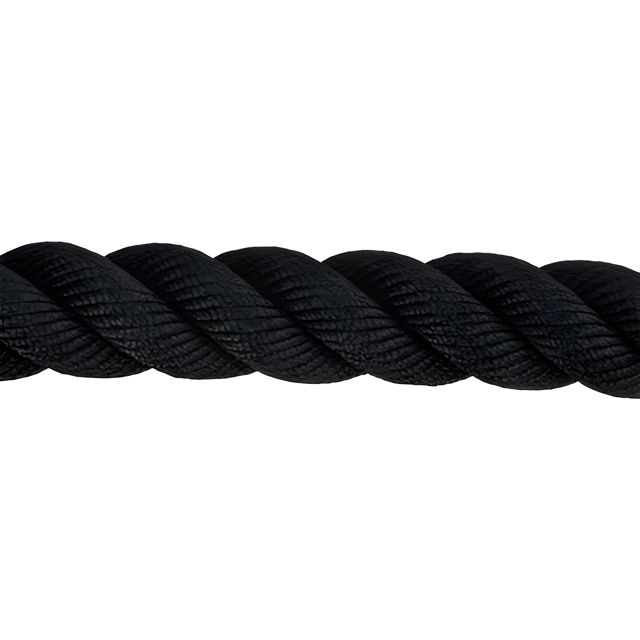 Ein schwarzes Seil. Das Seil ist dick und gewunden. Der Hintergrund ist weiß.