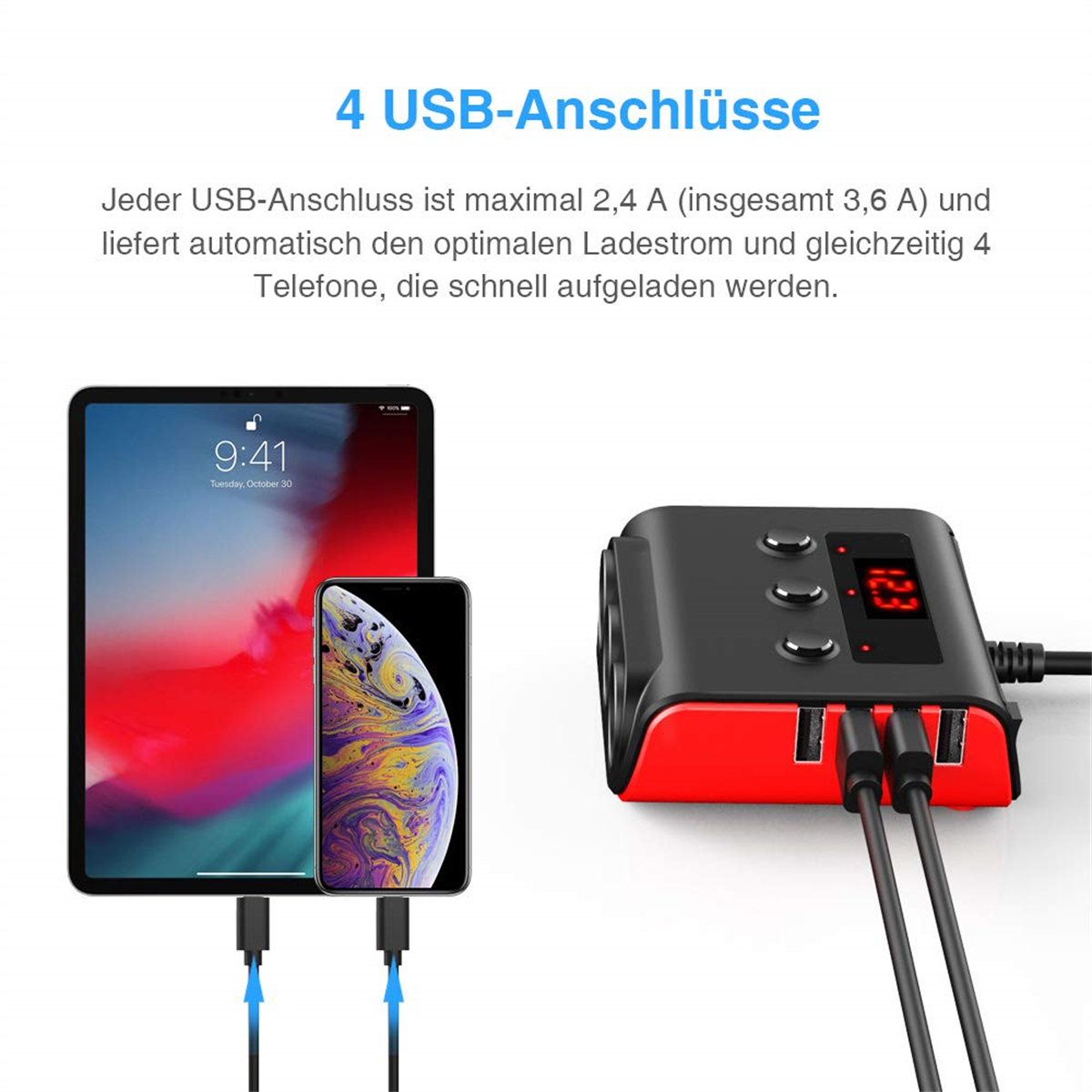 Tablet und Telefon werden über einen USB-Hub geladen. Zeigt mehrere USB-Anschlüsse.