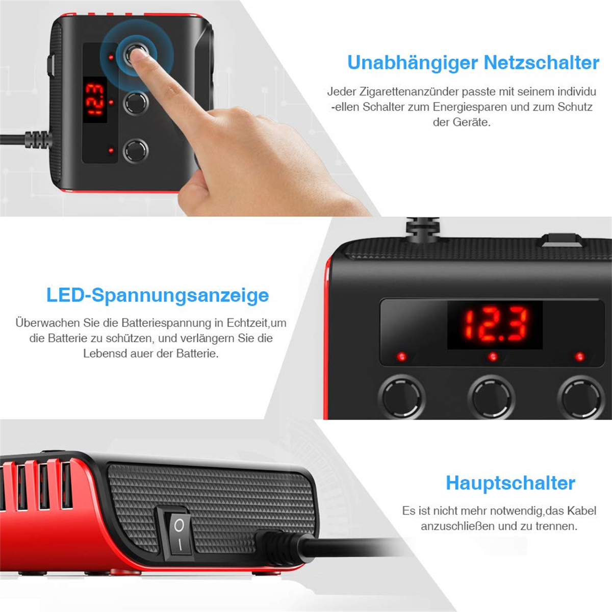 Eine schwarze und rote Powerbank mit Digitalanzeige. Knöpfe und Anschlüsse sind sichtbar.