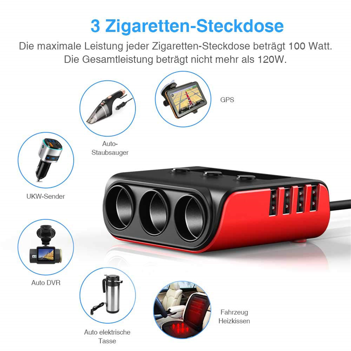 Autoladegerät mit drei Zigarettenanzünder-Buchsen. Enthält Symbole für Staubsauger, GPS und mehr.