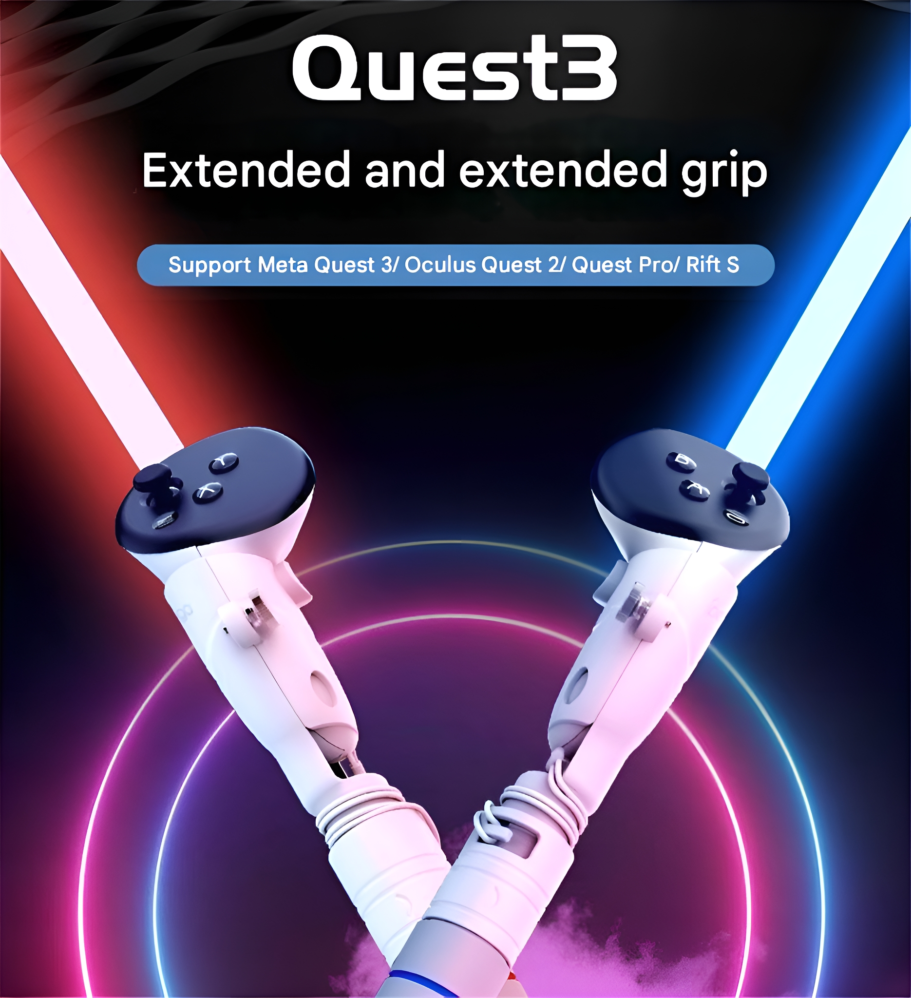 Zwei weiße VR-Controller mit schwarzen Knöpfen werden angezeigt. Der Hintergrund hat Neonlichter. Das Bild ist Werbung.