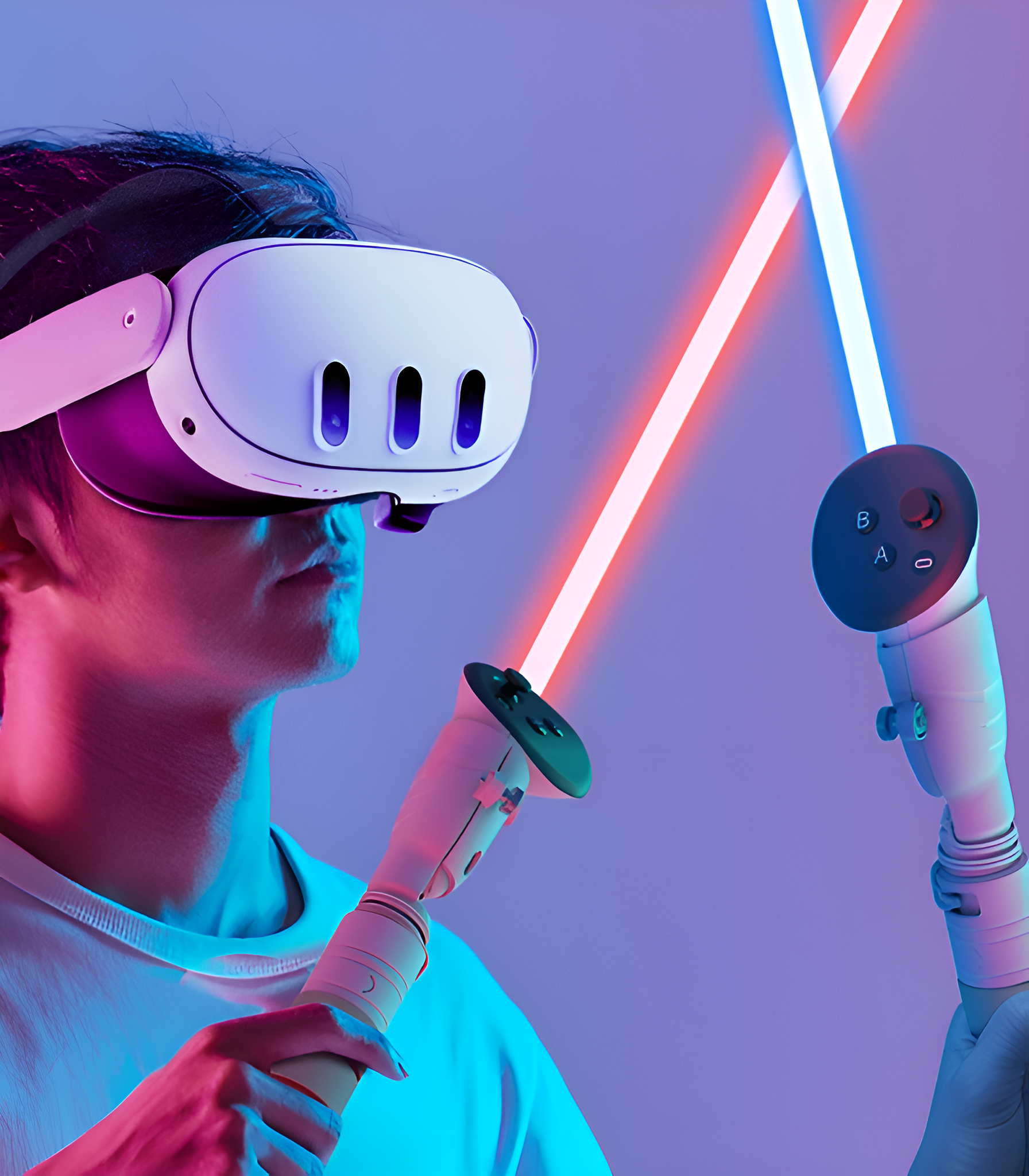 Mann mit VR-Headset hält Lichtschwert-Controller mit roten und blauen Lichtern.