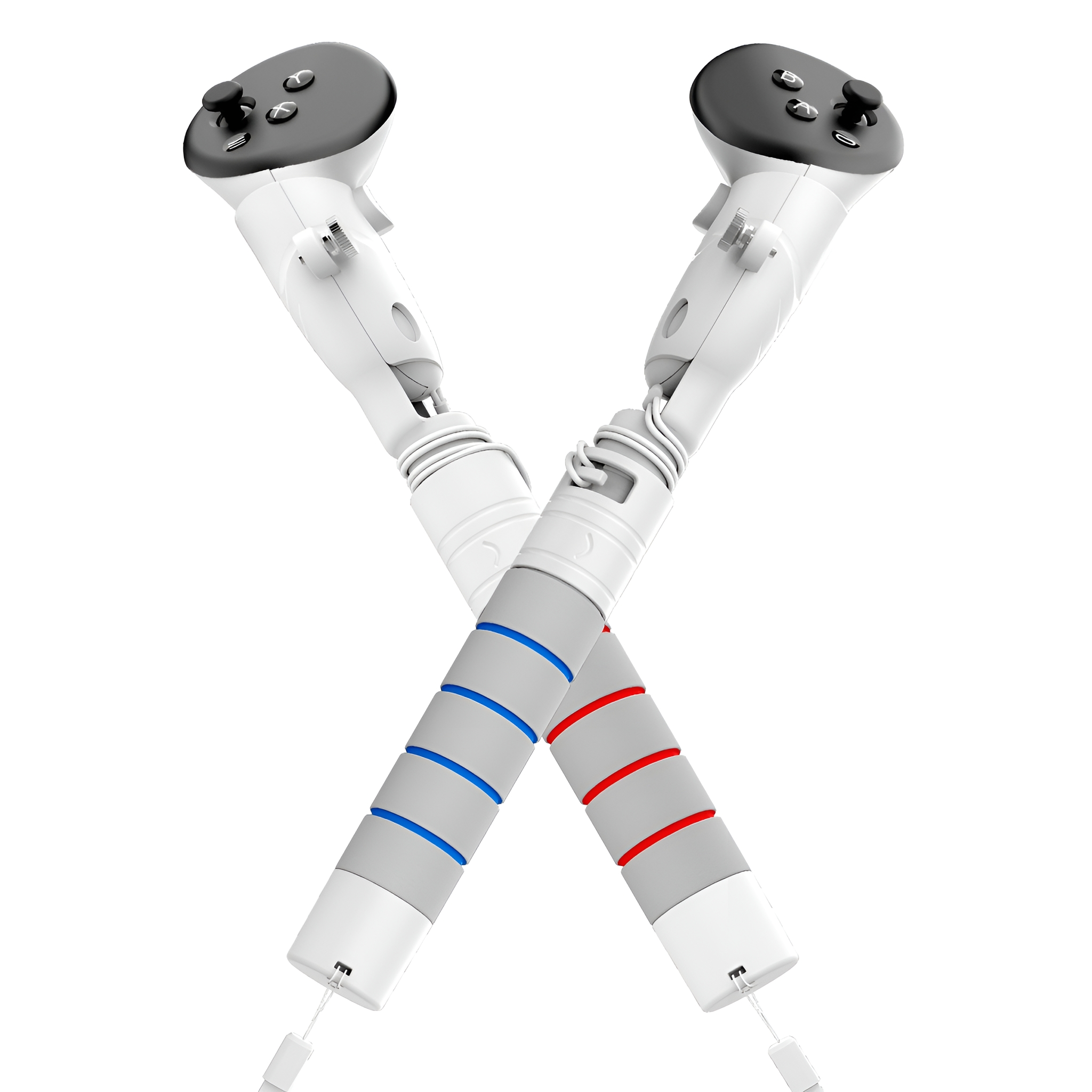 Zwei gekreuzte weiße Gamecontroller mit grauen Oberteilen, blauen und roten Akzenten an den Griffen.