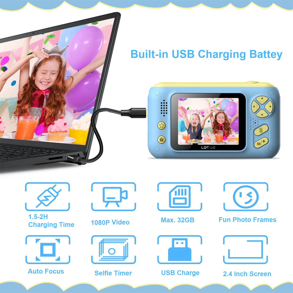 Blaue Kinderkamera mit Laptop, der ein Mädchen zeigt. Funktionen umfassen USB-Aufladung, 1080p-Video und Spaß-Rahmen.