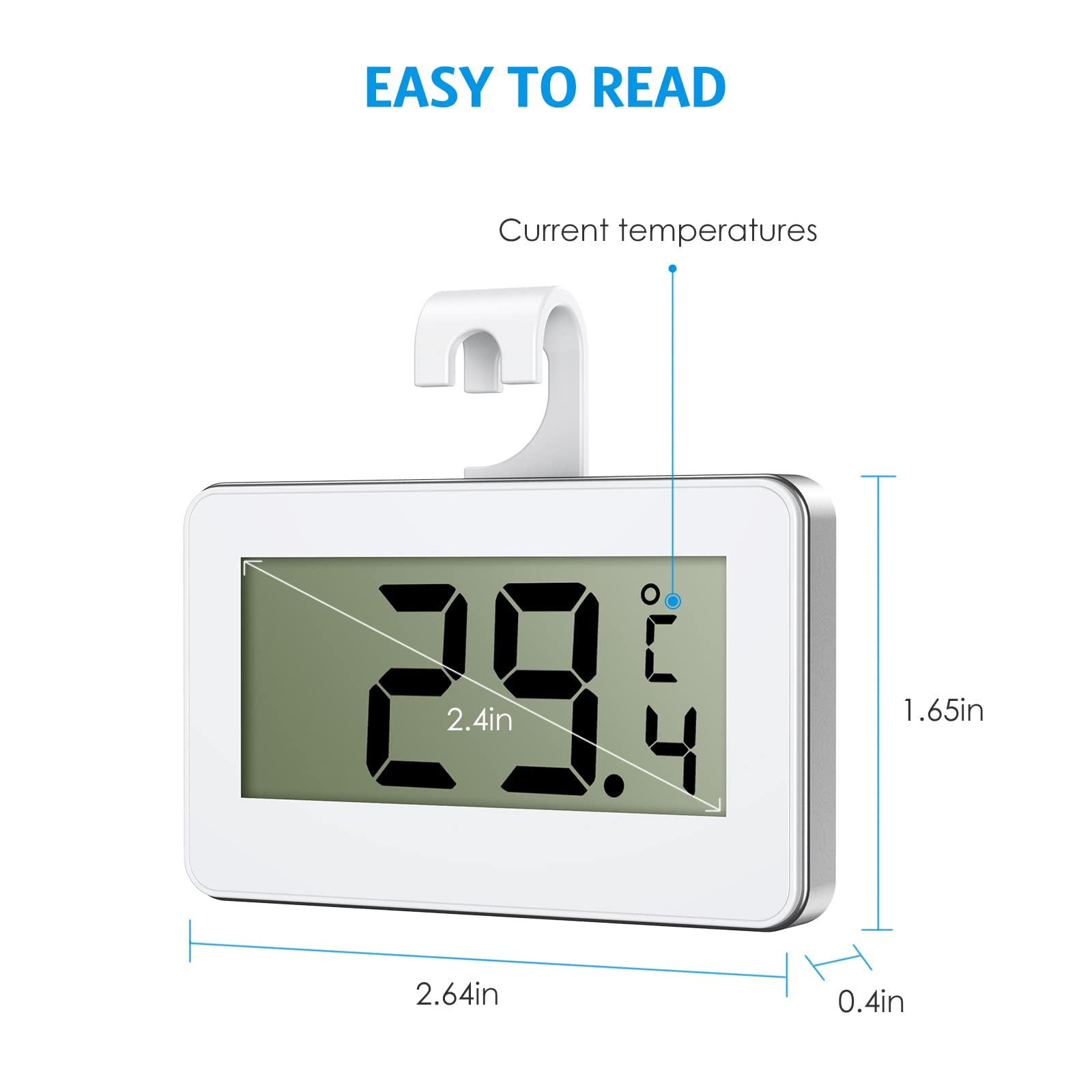 Ein kleines digitales Thermometer, das 29,4 Grad anzeigt. Es ist weiß und hat oben einen Haken.