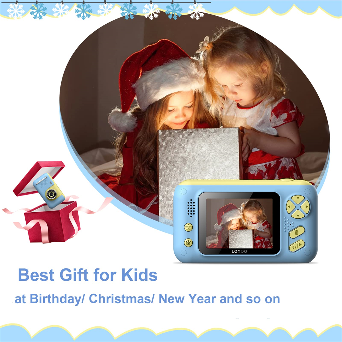 Zwei Kinder betrachten eine Kamera als Geschenk, die Szene ist vor dunklem Hintergrund.