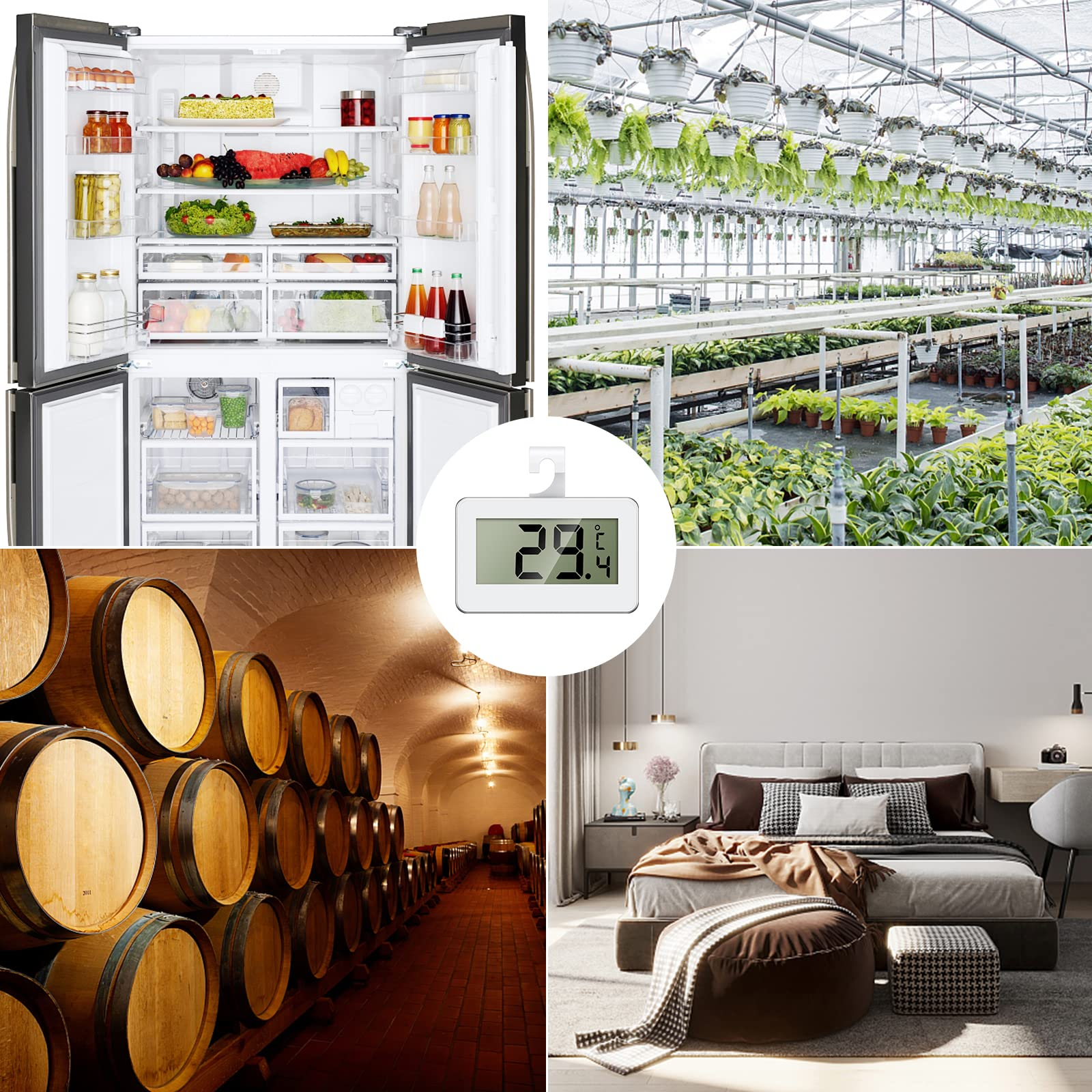 Eine Collage von Bildern: ein Kühlschrank, ein Gewächshaus, ein Keller und ein Schlafzimmer. Jede Szene zeigt verschiedene Umgebungen.