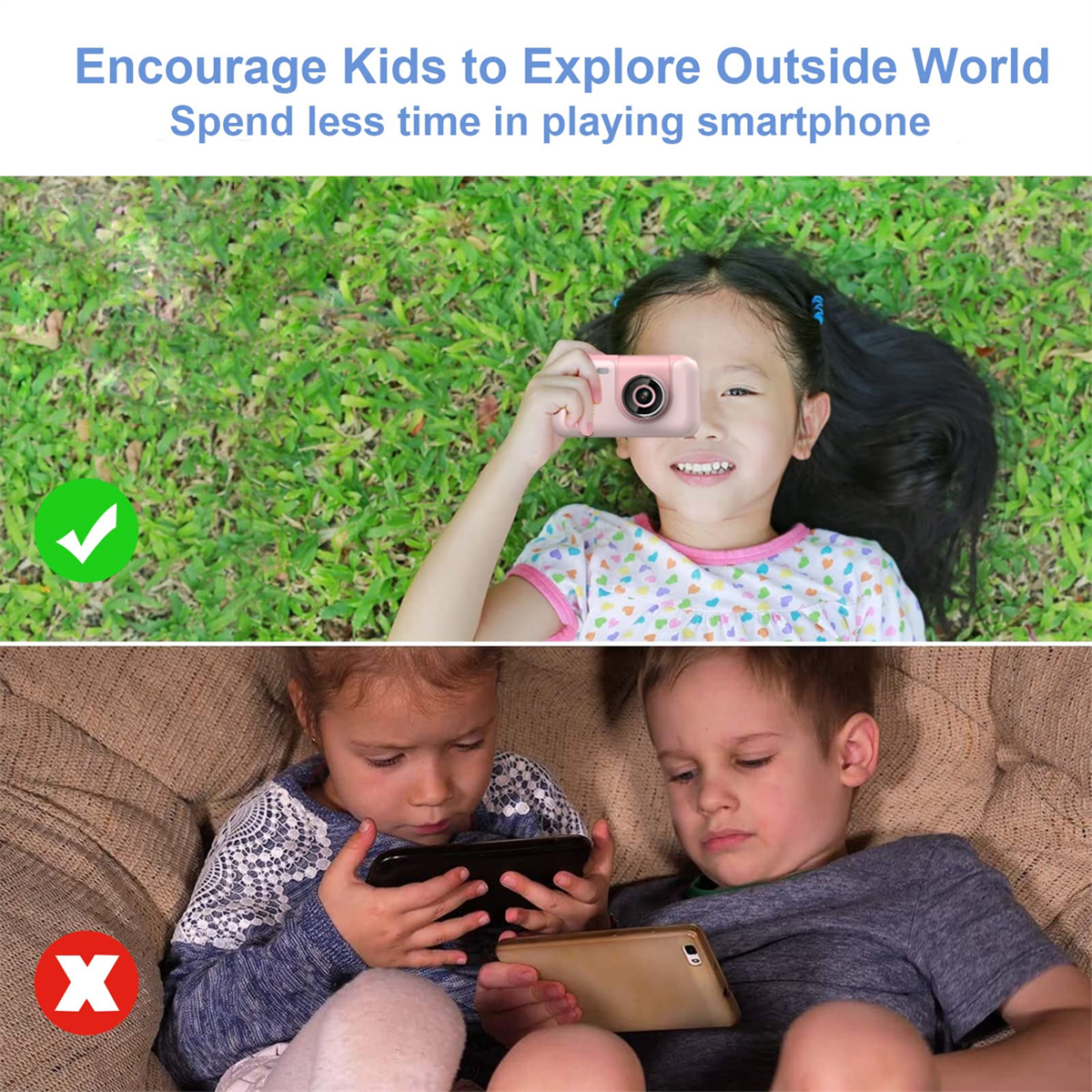 Ein Mädchen mit einer Kamera im Gras und zwei Kinder, die Smartphones betrachten.