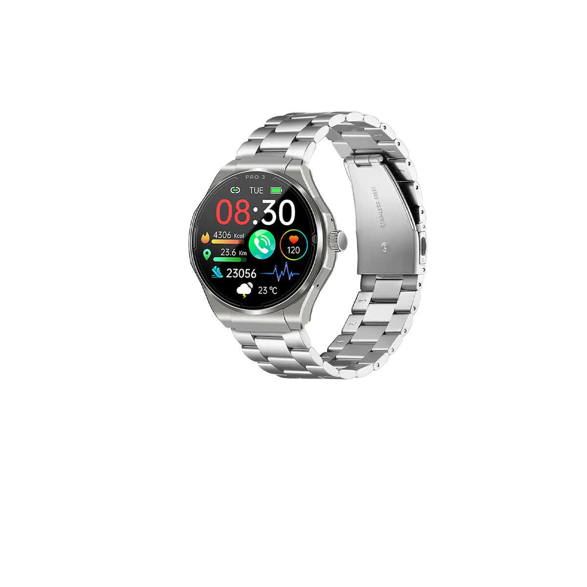 Silberne Smartwatch mit rundem Zifferblatt. Der Bildschirm zeigt Zeit, Schritte und Herzfrequenz.
