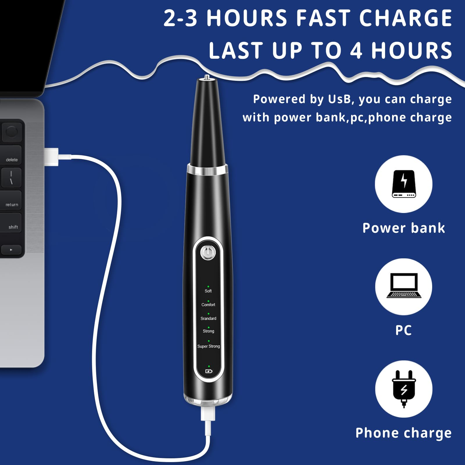 Schwarzes Gerät, das über USB geladen wird. Text: 2-3 Stunden Schnellladung, hält bis zu 4 Stunden. Powerbank, PC, Telefonladung.