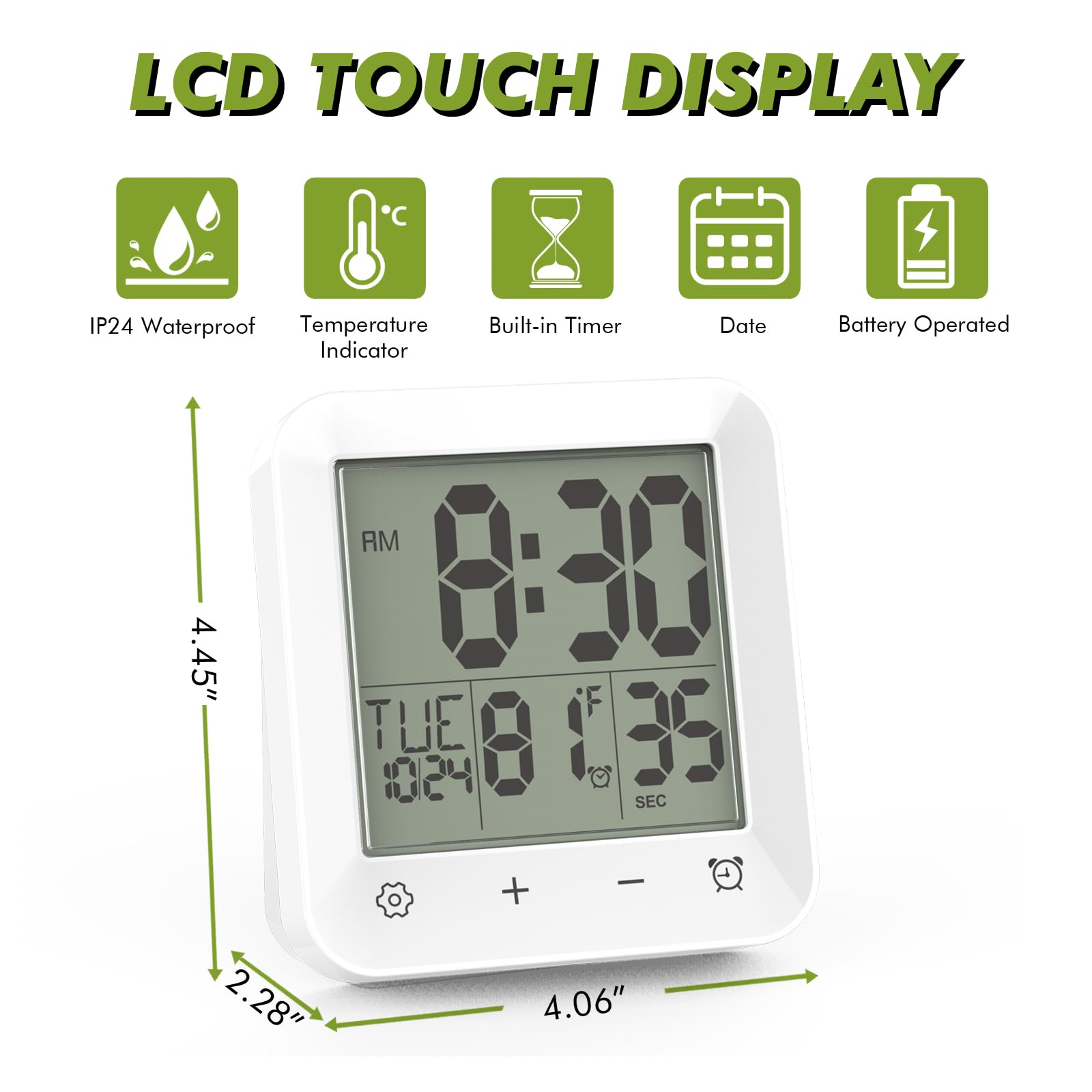 Ein weißer digitaler Küchentimer mit einer Anzeige, die Zeit und Funktionen zeigt.