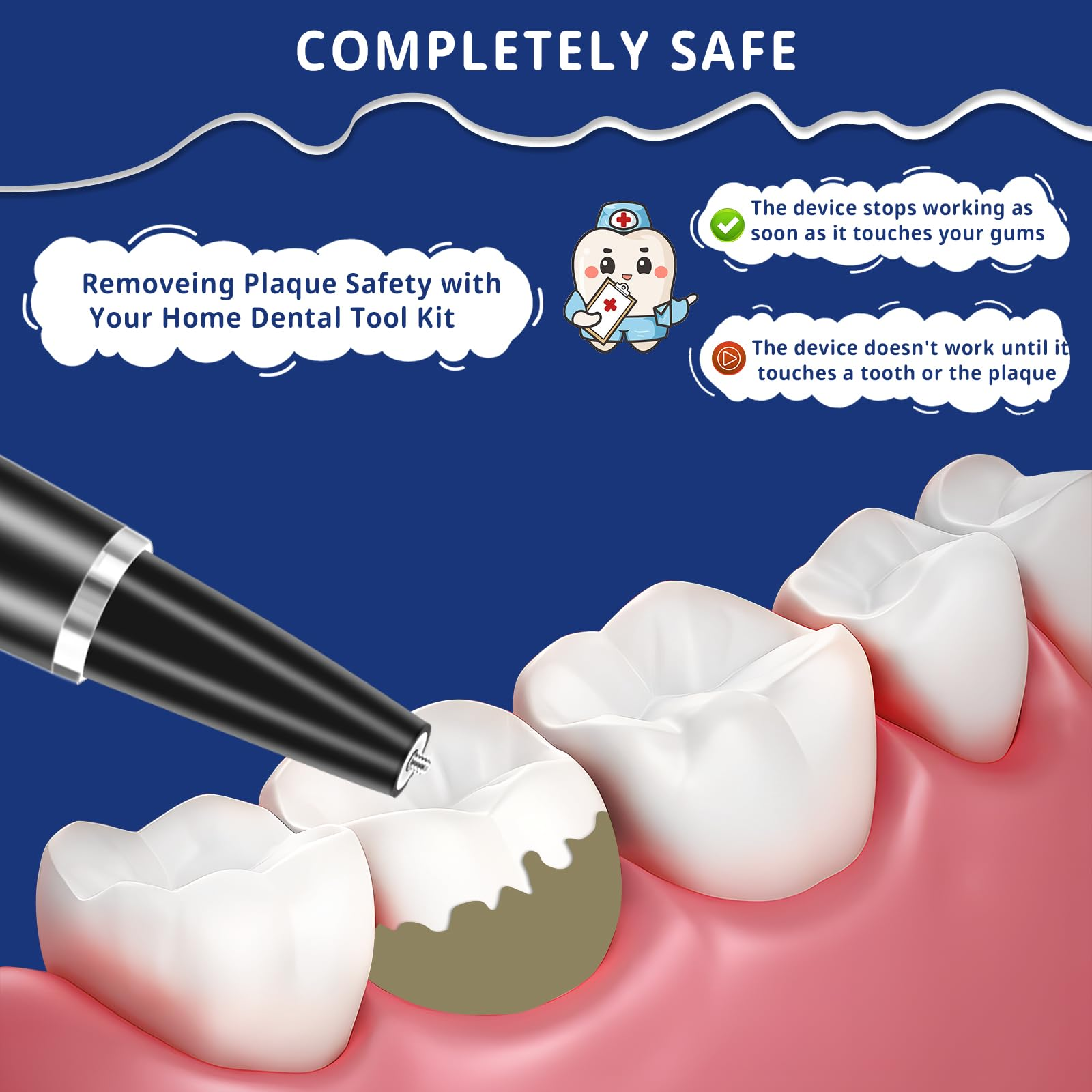 Illustration eines Dentalwerkzeugs, das Plaque von einem Zahn entfernt, mit beschriebenen Sicherheitsmerkmalen.
