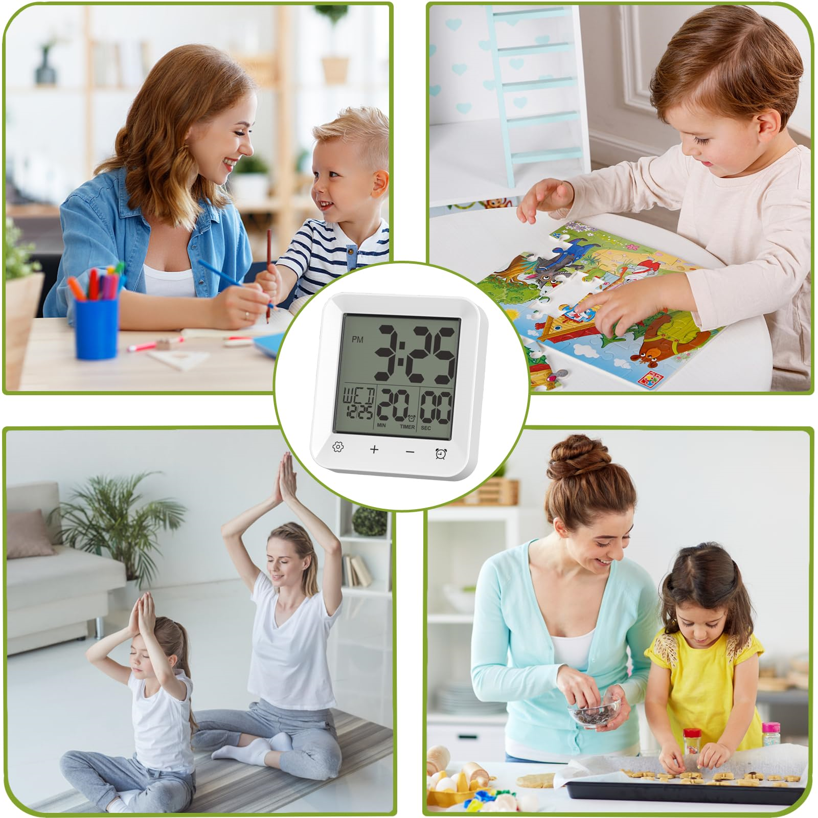 Vier Szenen mit Familienmitgliedern, die Aktivitäten ausüben, darunter eine Digitaluhr in der Mitte.
