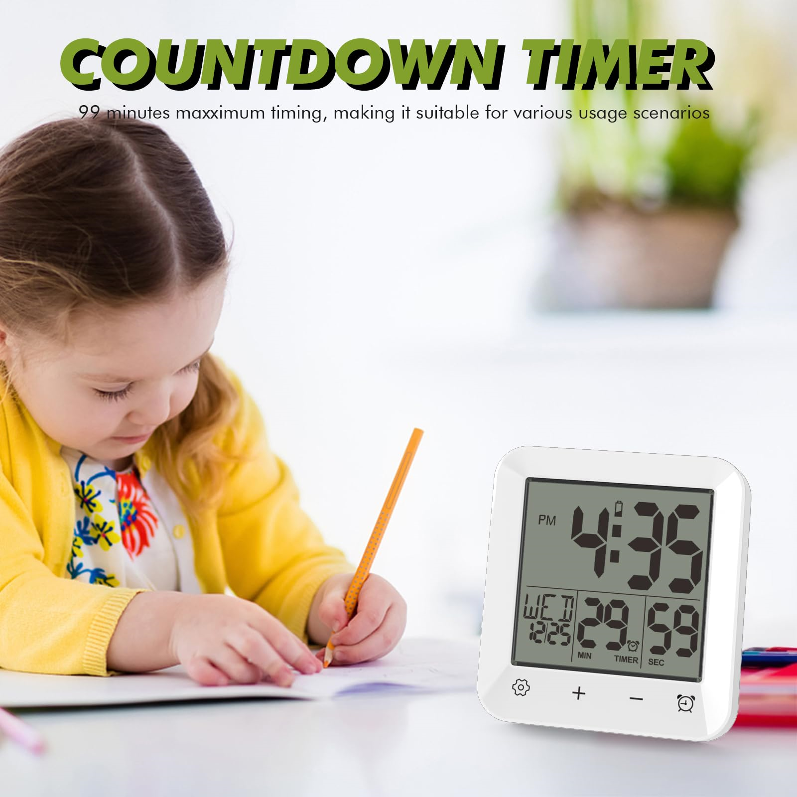 Ein Kind schreibt auf ein Papier in der Nähe eines weißen digitalen Countdown-Timers, der die Zeit anzeigt.