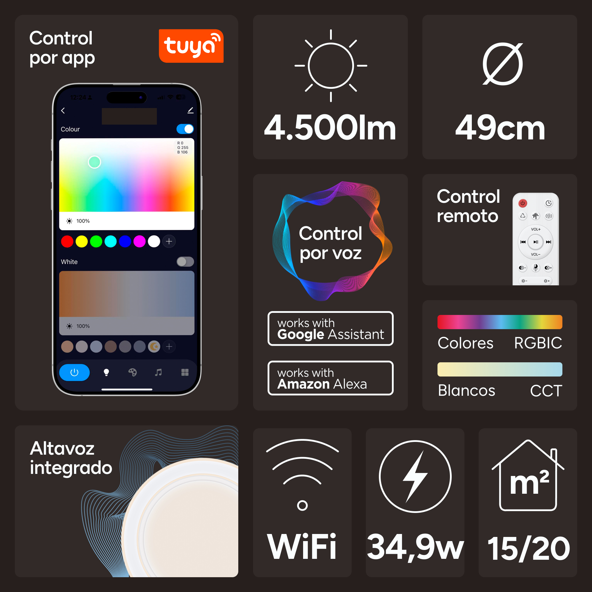 Lámpara inteligente con control por app en pantalla del teléfono. Muestra ajustes y funciones.