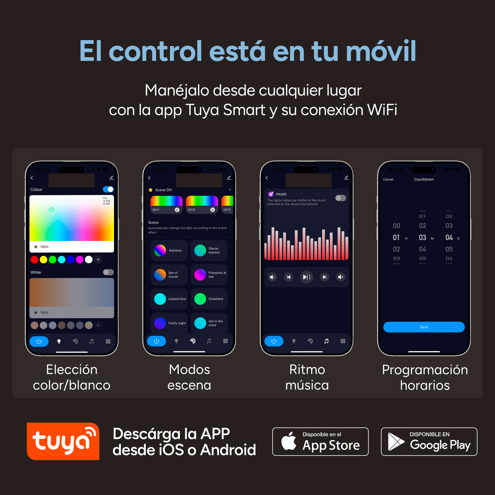 Interfaz de aplicación para smartphone que muestra la selección de color, modos de escena, ritmo musical y ajustes de horario en español.