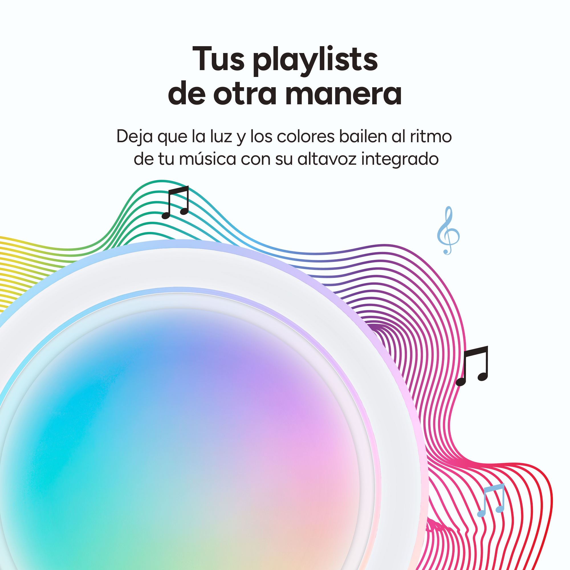 Un dispositivo de luz colorido con notas musicales, promocionando una experiencia de iluminación colorida con altavoz.