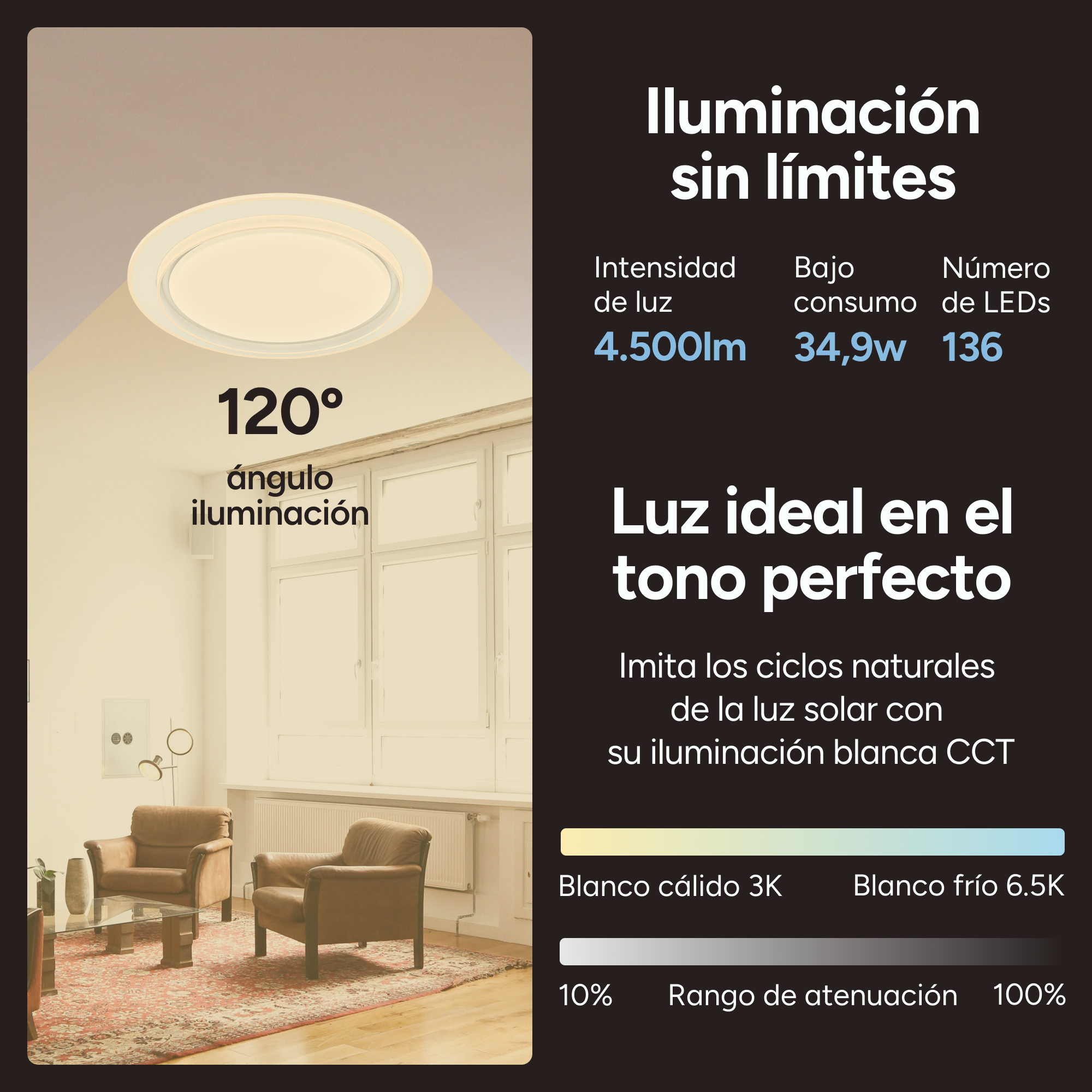 Luz de techo con un círculo blanco. Muestra un diagrama de las características y especificaciones.