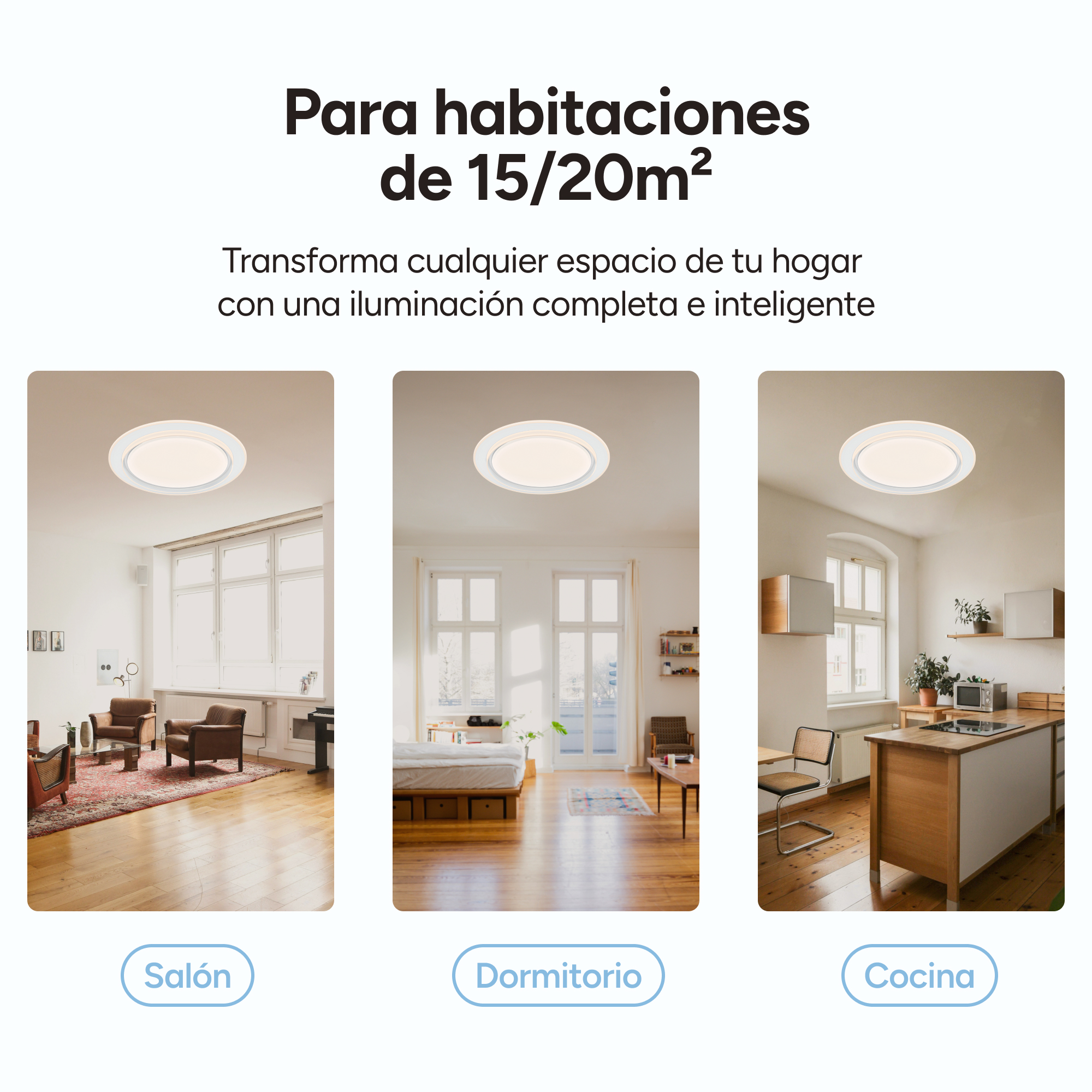 Imagen promocional con tres habitaciones, cada una con una lámpara de techo.