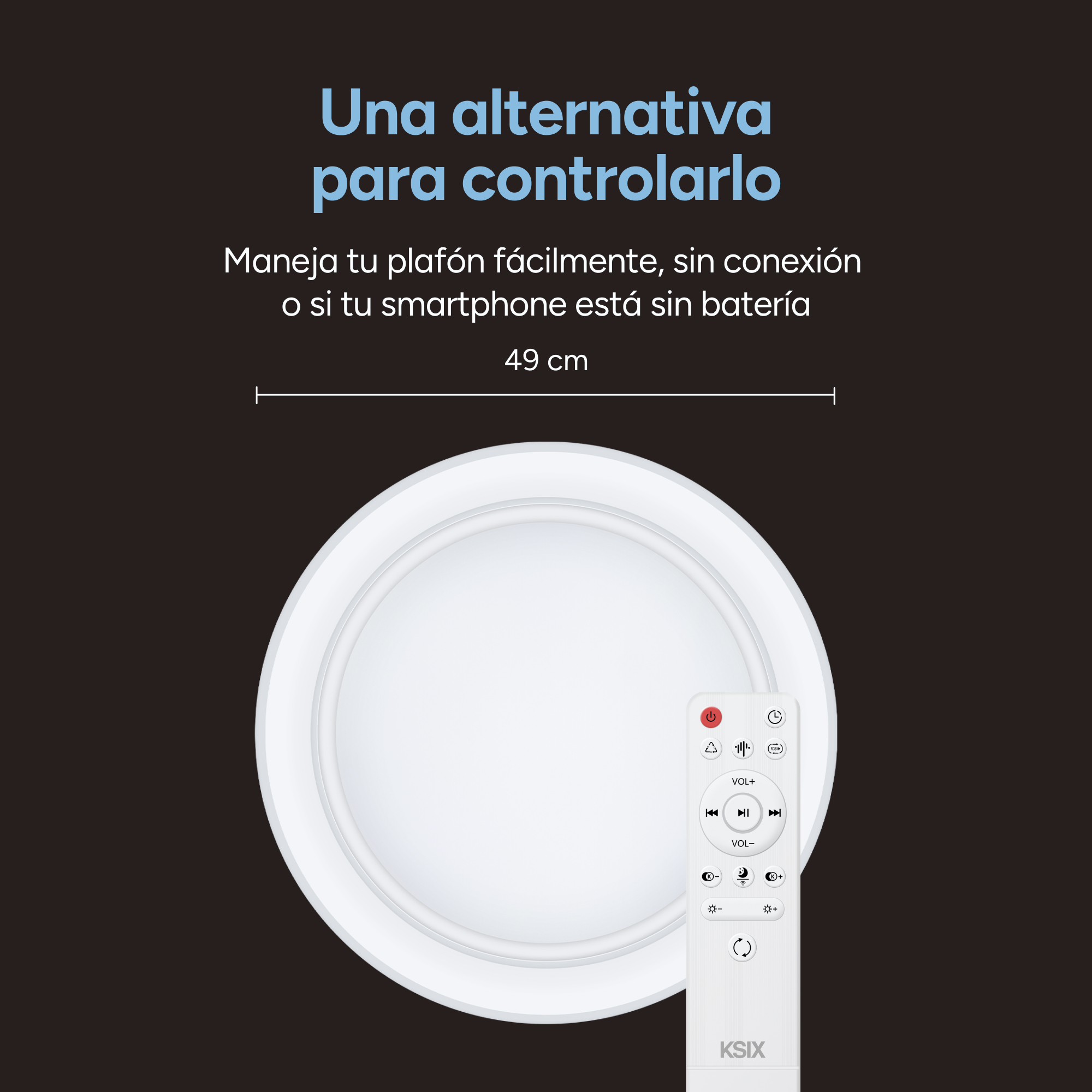 Lámpara de techo redonda blanca con mando a distancia. Fondo negro con texto en español.