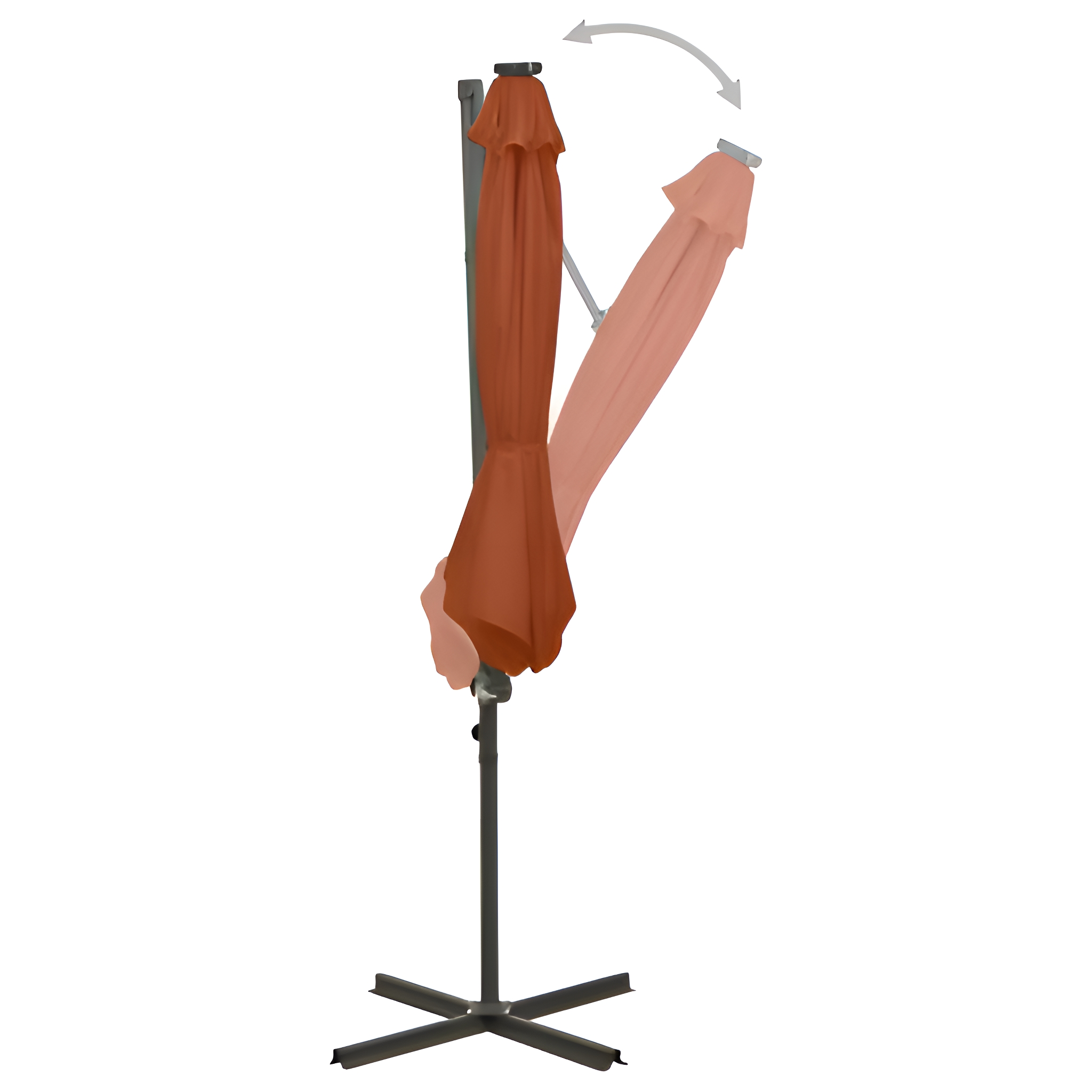 Outdoor-Schirm in Orange, teilweise geöffnet, zeigt Bewegung mit grauem Pfosten und Basis.