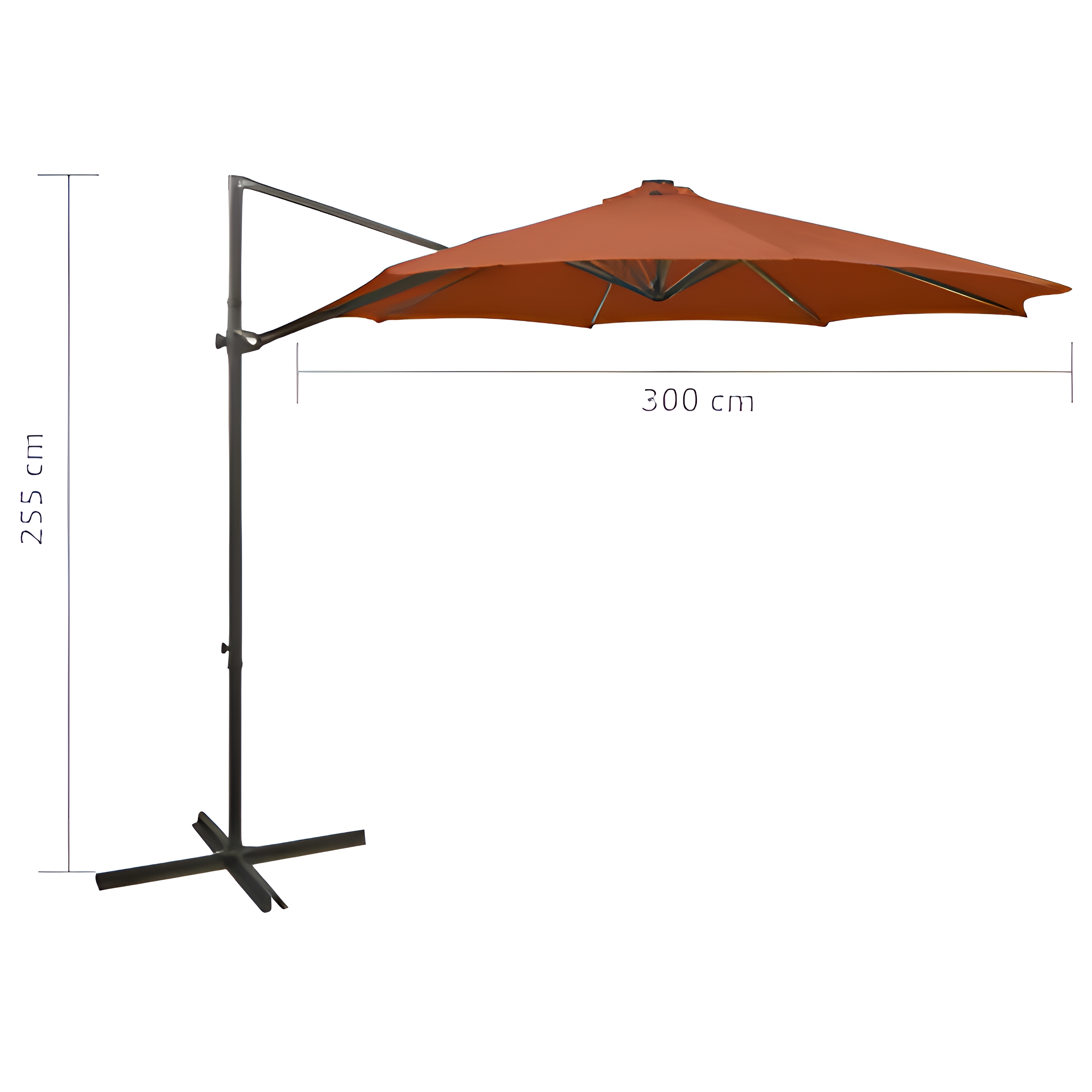 Ein orangefarbener Sonnenschirm mit den Maßen: 255 cm Höhe, 300 cm Breite.