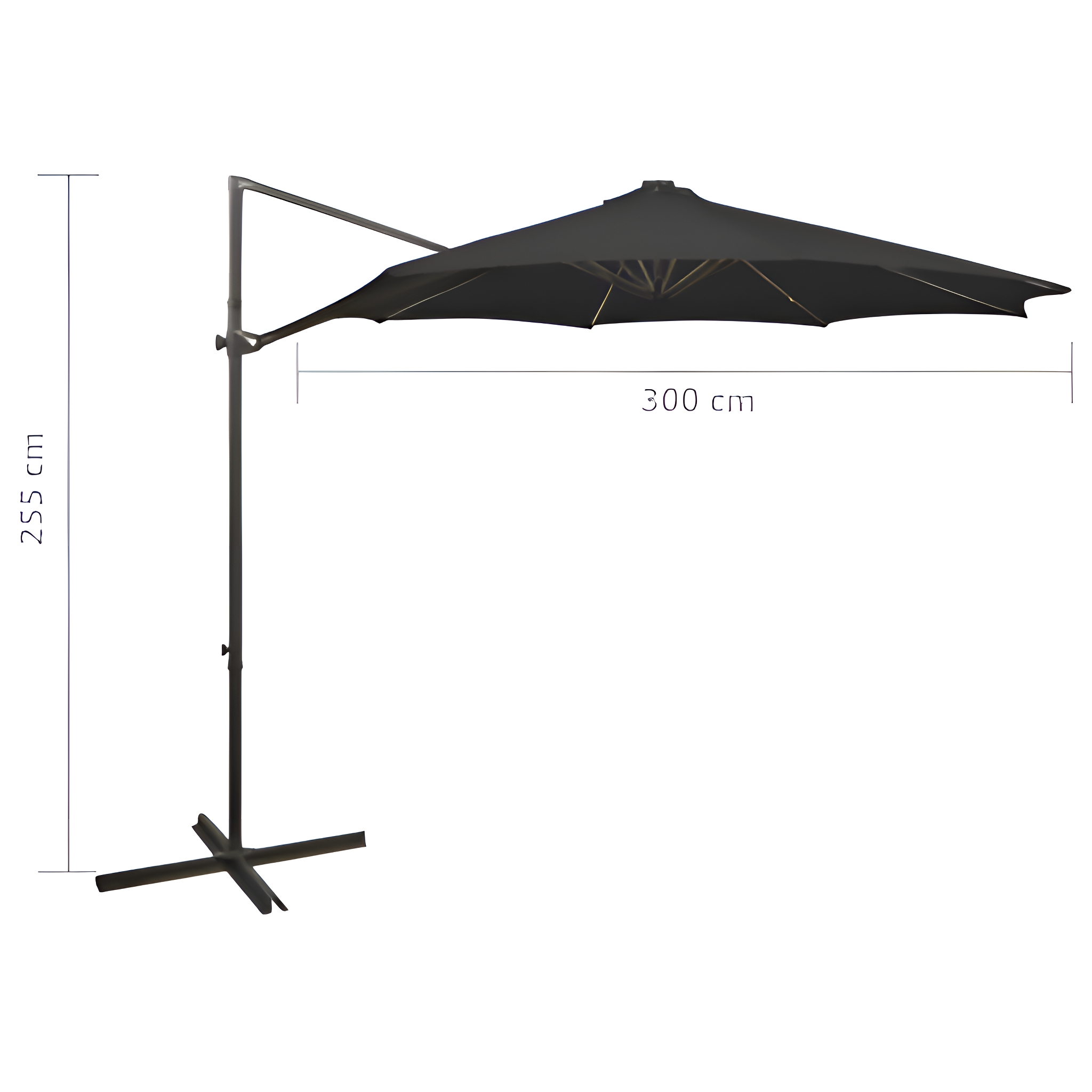 Schwarzer Ausleger-Sonnenschirm mit 300 cm Breite. Der Mast ist dunkel, der Fuß kreuzförmig.