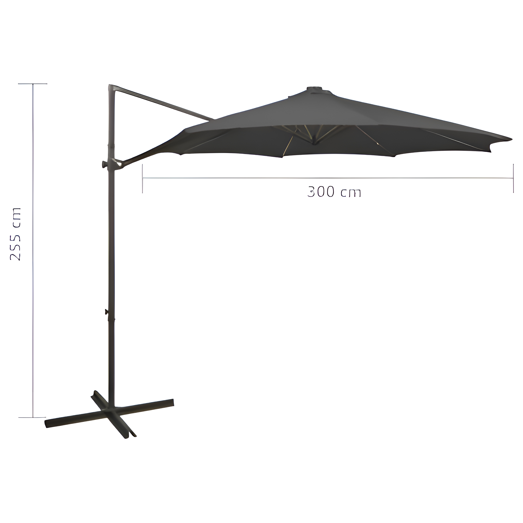 Dunkelgrauer Ausleger-Sonnenschirm. Abmessungen: 255 cm Höhe und 300 cm Breite.