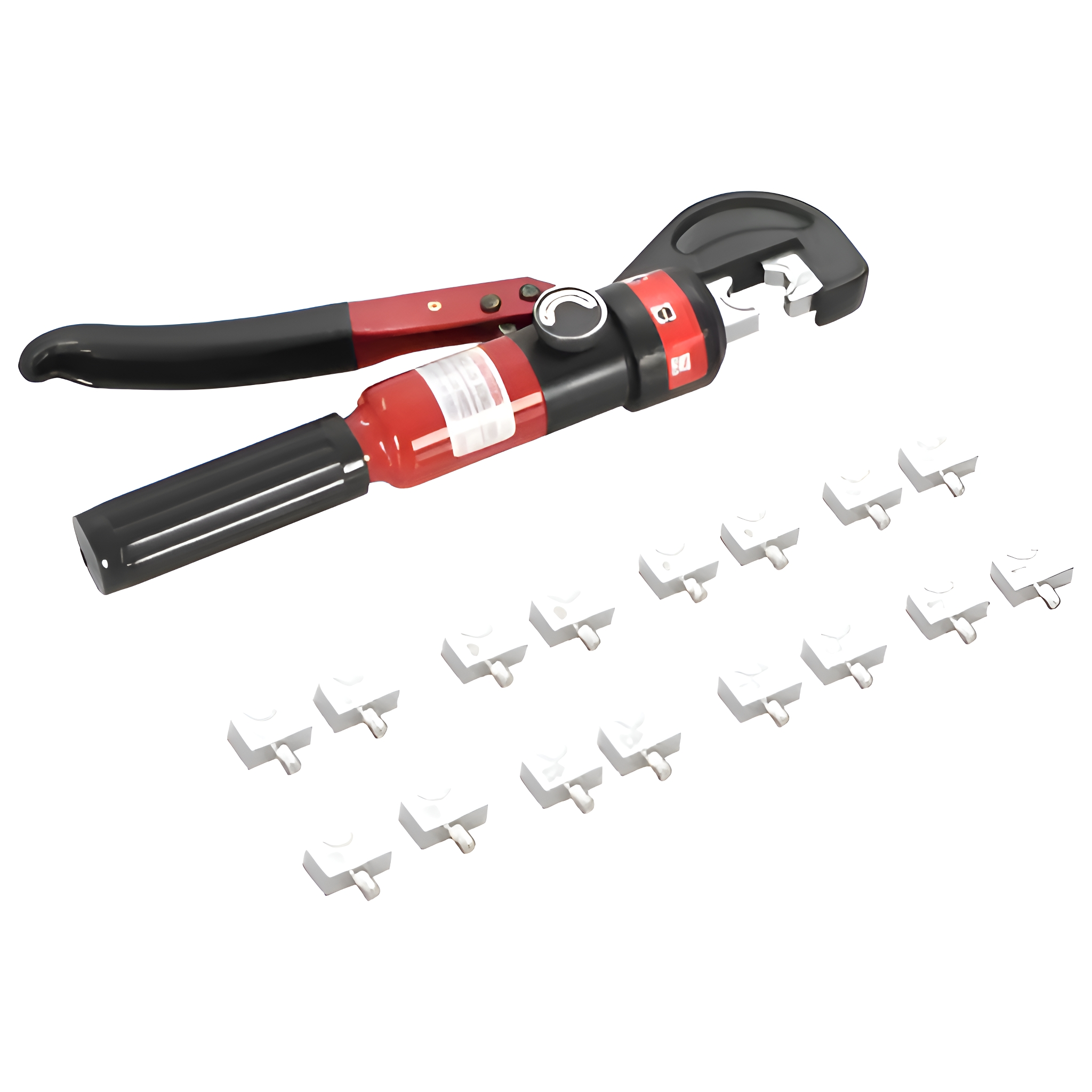 Crimpzange und Verbinder. Crimpzange ist rot und schwarz. Verbinder sind weiß.