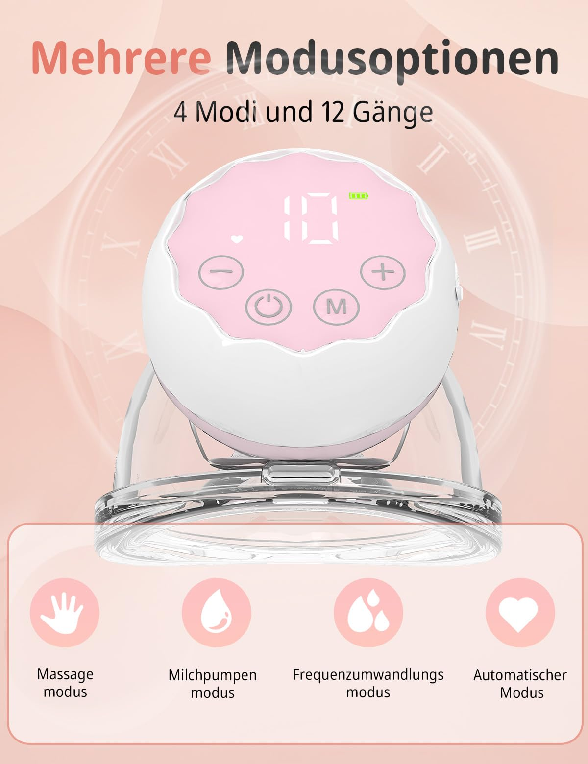 Eine Brustpumpe mit Digitalanzeige und Knöpfen. Sie hat Modi für Massage, Milch, Frequenz und Auto.