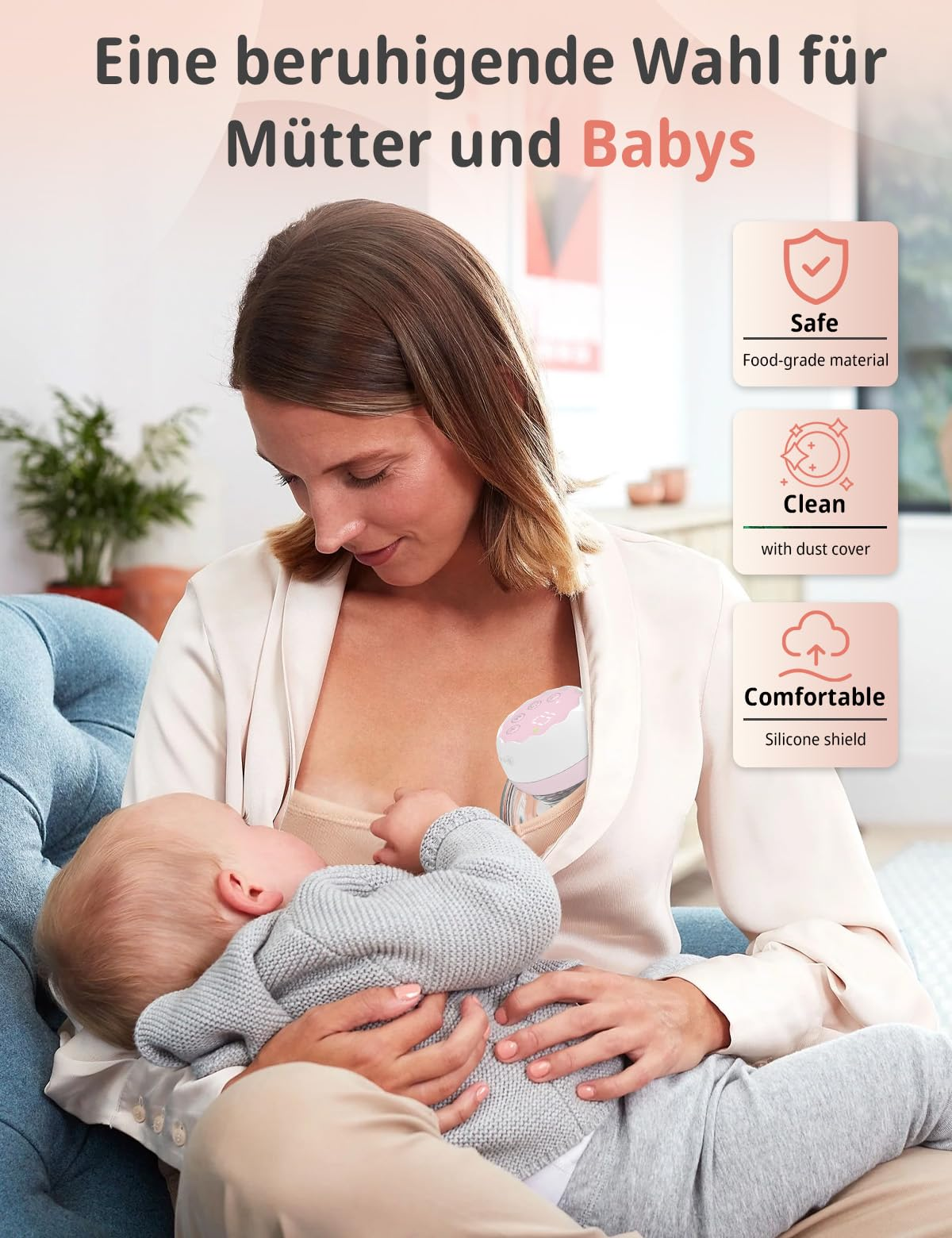 Frau, die ein Baby stillt. Text: Eine beruhigende Wahl für Mütter und Babys. Sicher, sauber und komfortabel.