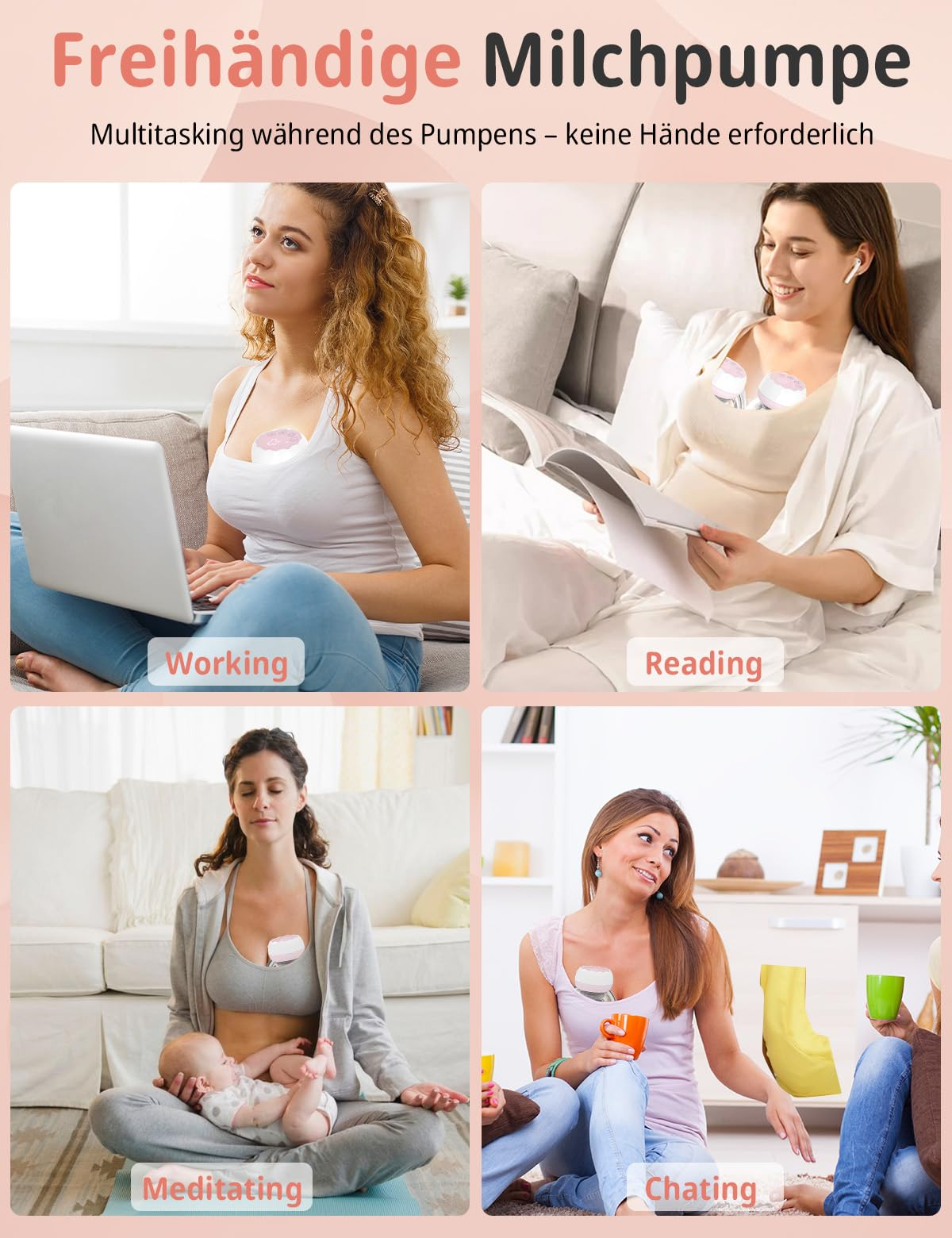 Vier Bilder, die Frauen bei der Verwendung von Freisprech-Brustpumpen in verschiedenen Umgebungen zeigen.