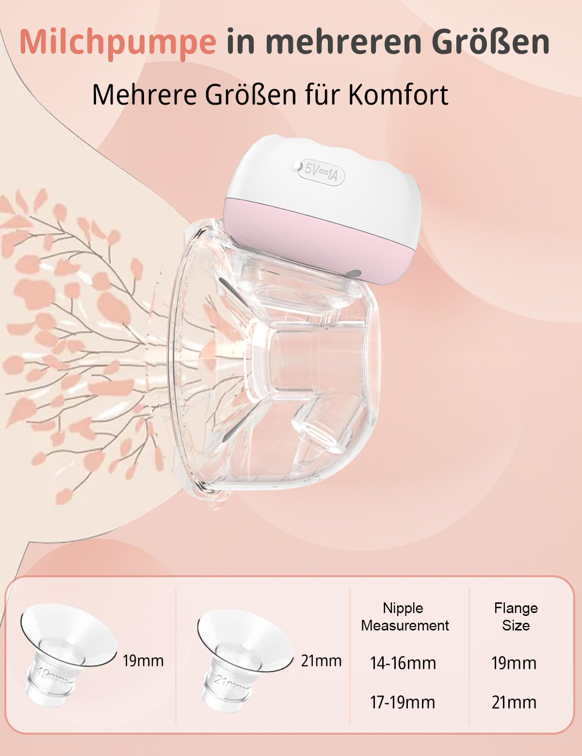 Brustpumpe mit verschiedenen Trichtergrößen und Brustwarzen-Messdiagramm. Rosa und Weiß.