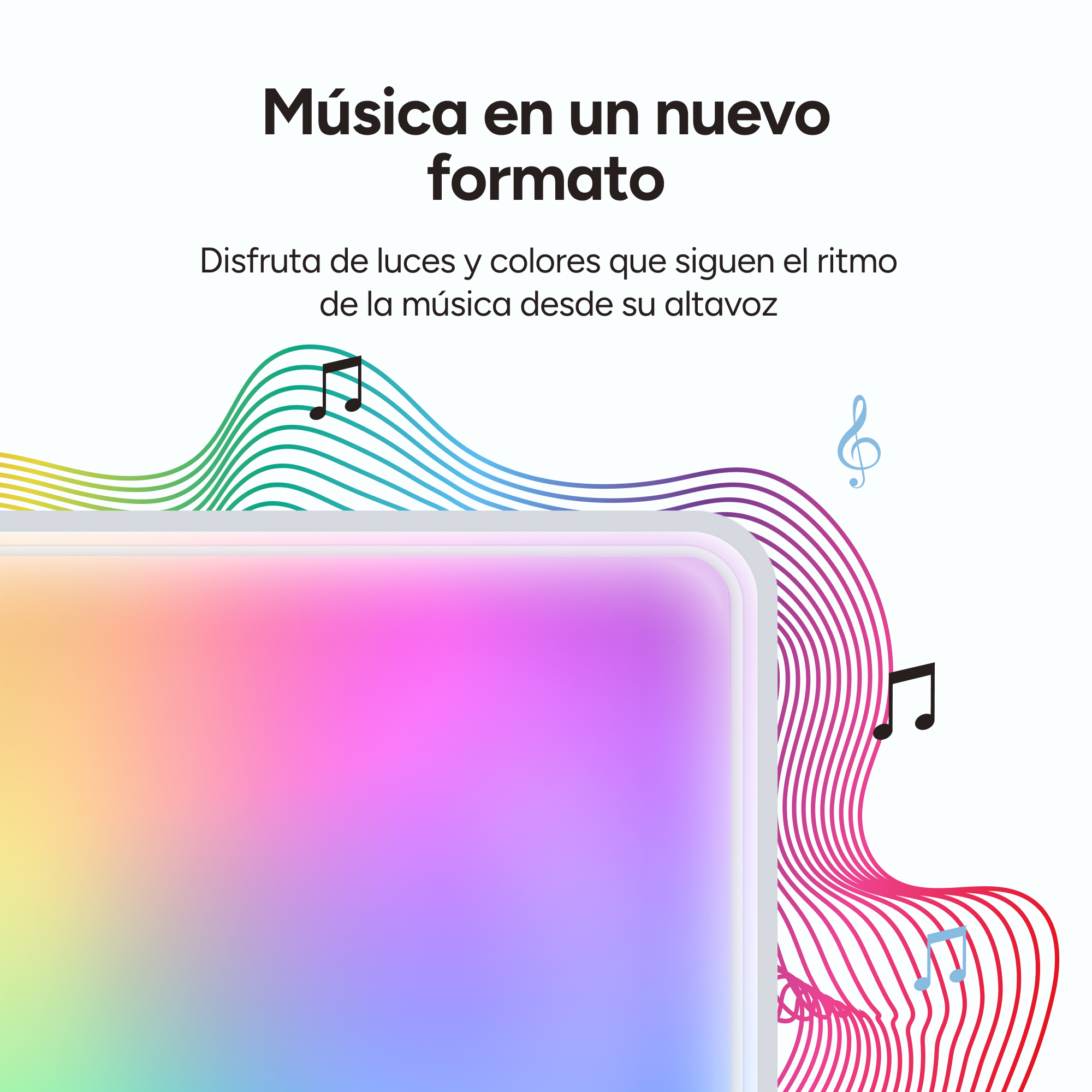 Imagen abstracta con luces coloridas, notas musicales y el texto: Música en un nuevo formato.