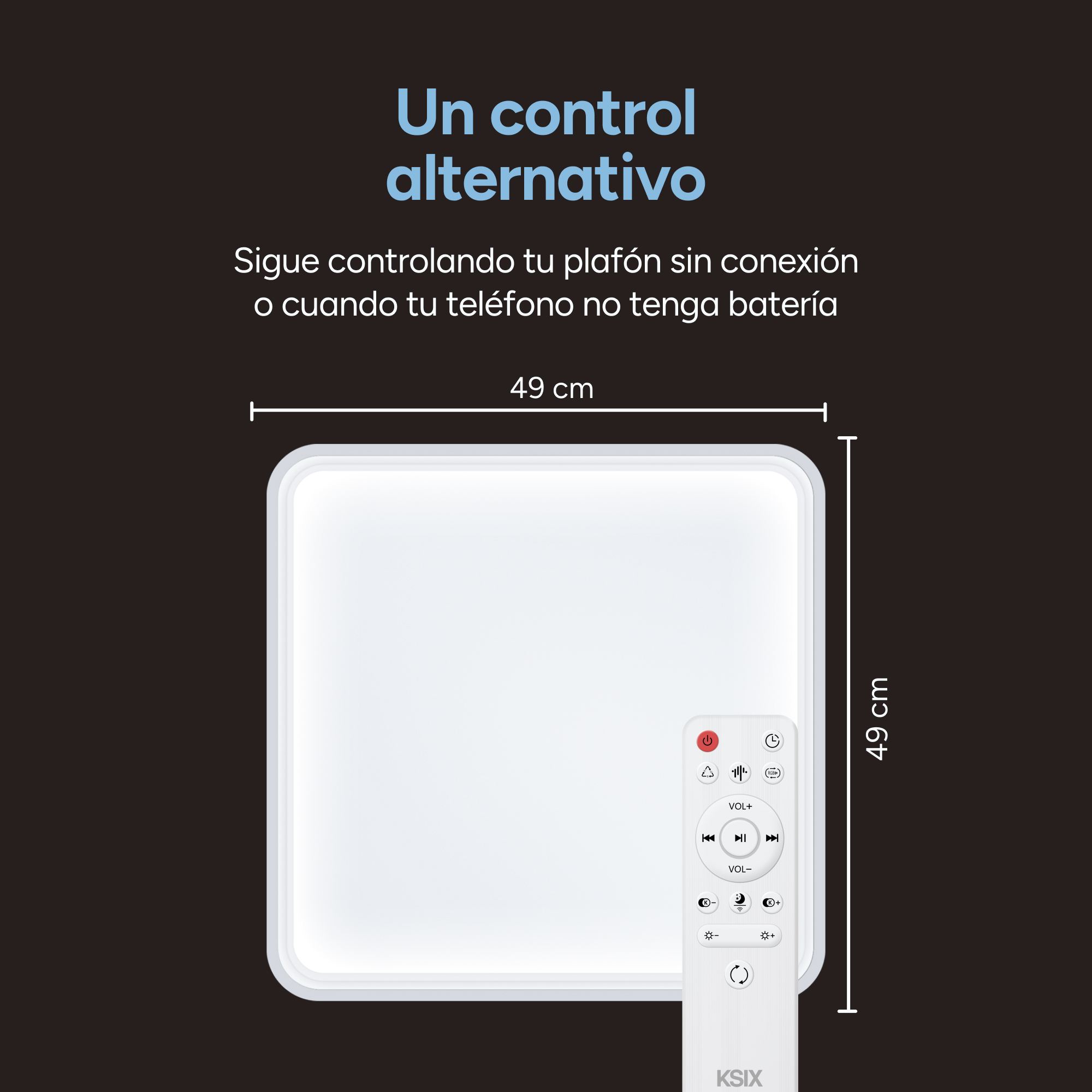 Luz cuadrada blanca con mando a distancia y dimensiones.