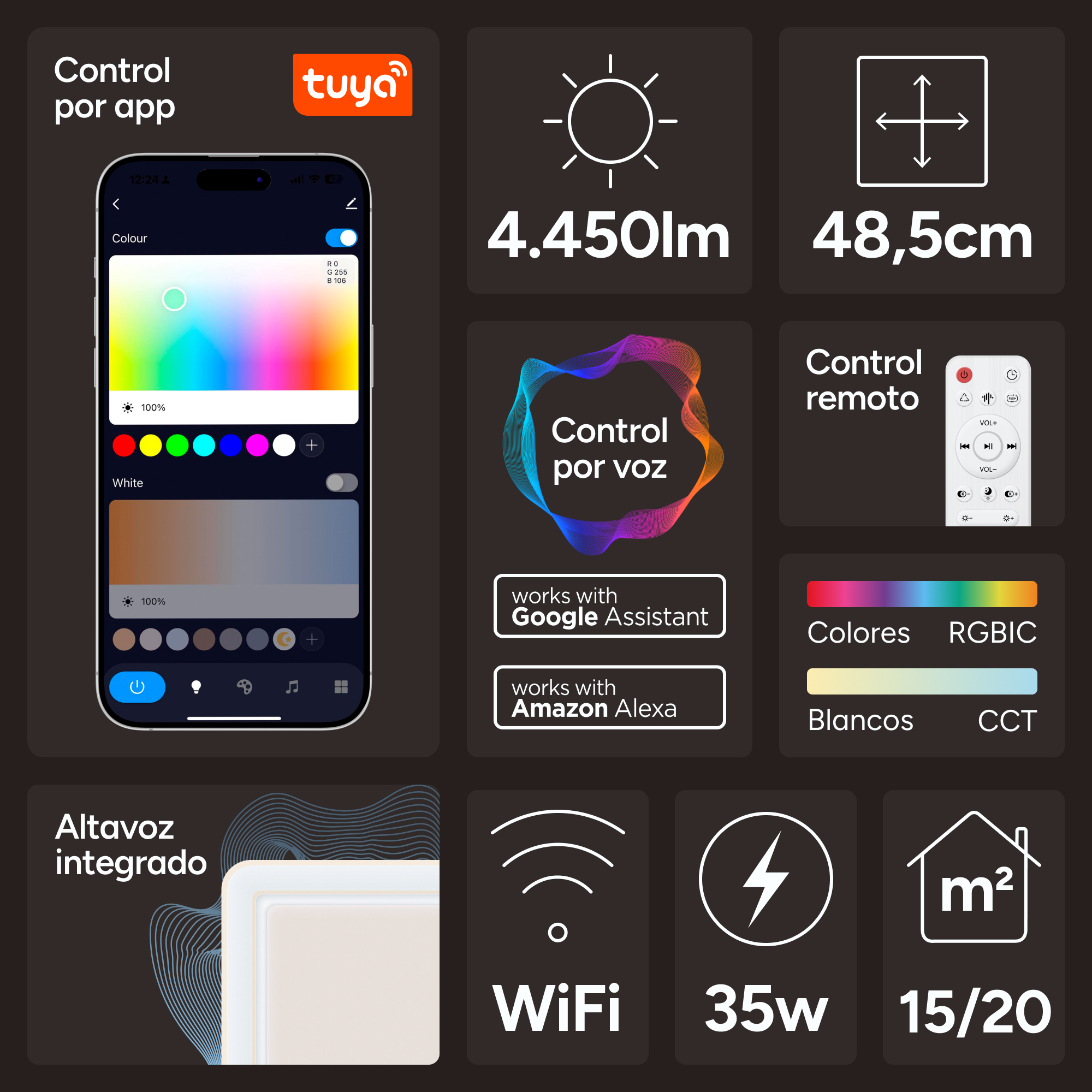 Interfaz de control de hogar inteligente en un teléfono, con opciones de color y ajustes.