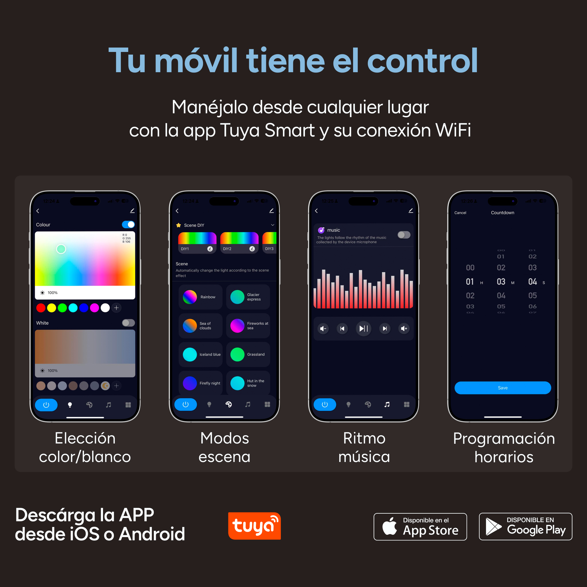Pantallas de teléfonos inteligentes que muestran la interfaz de la aplicación de casa inteligente, selección de color y control.