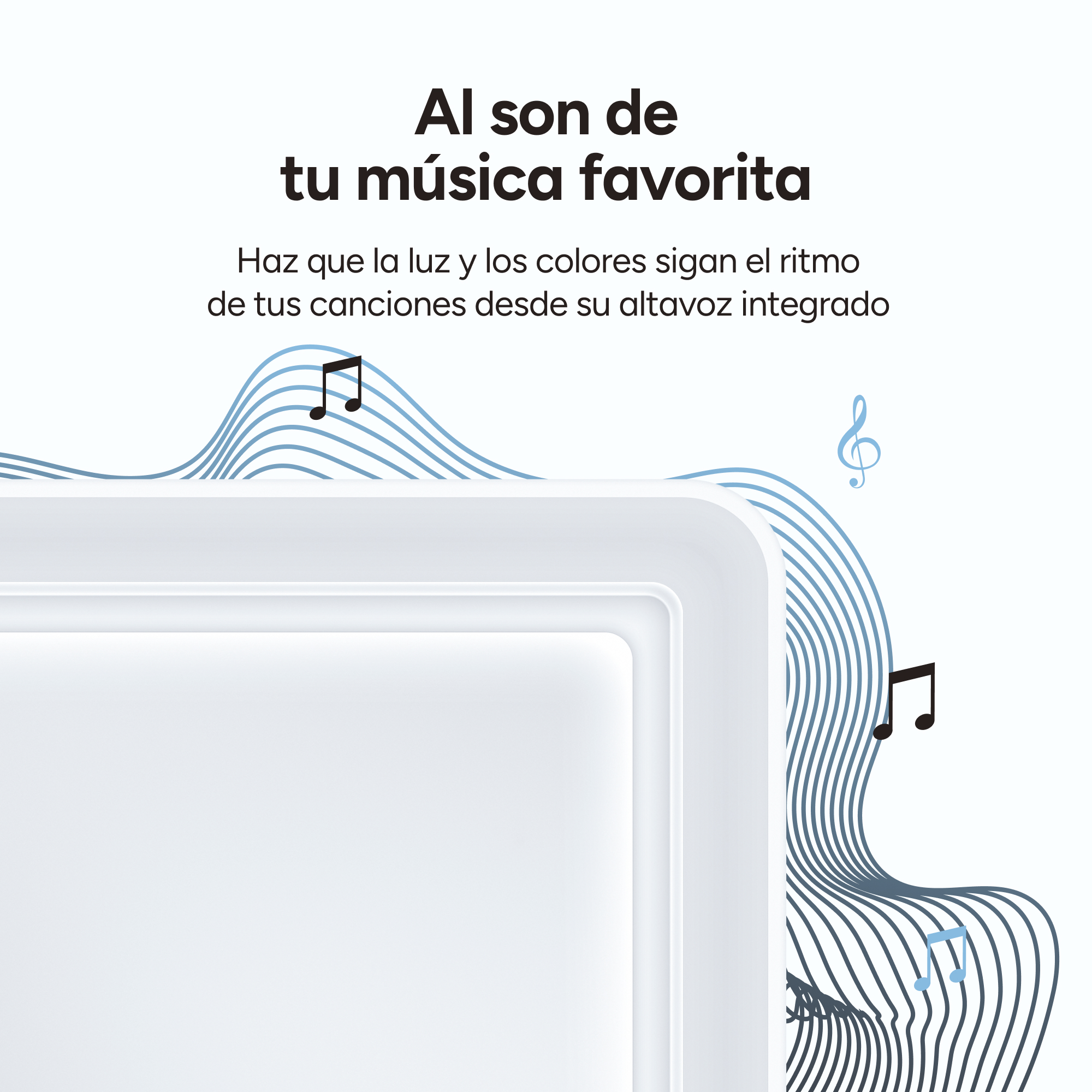 Altavoz blanco con notas musicales. Líneas y notas azul claro. El fondo es blanco.