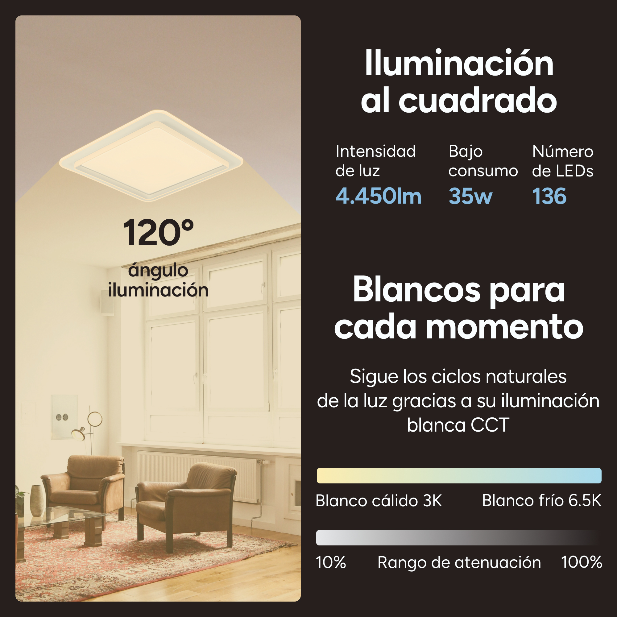 Luz de techo cuadrada con texto, en una habitación con muebles.