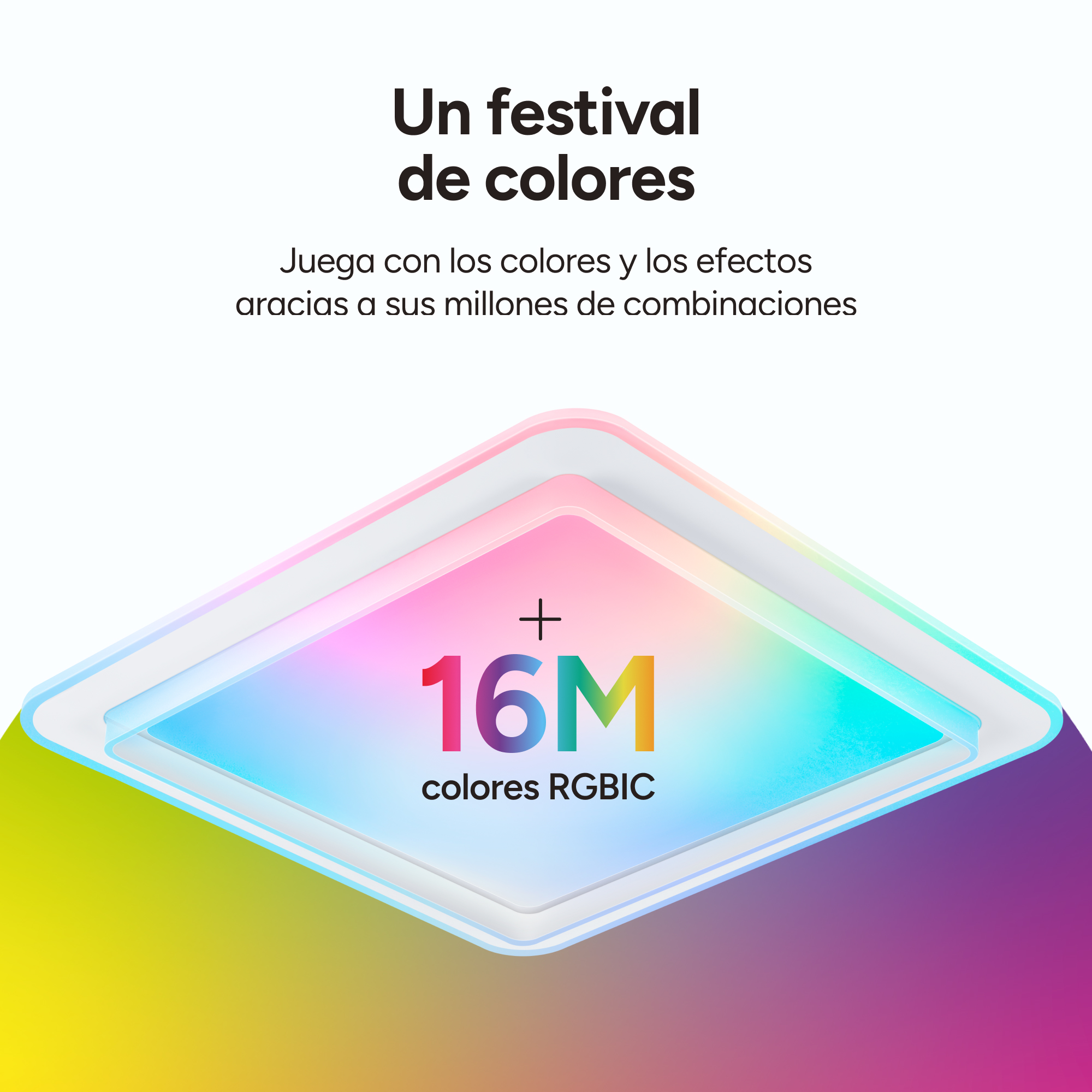 Un panel LED multicolor con texto, un fondo degradado de colores.