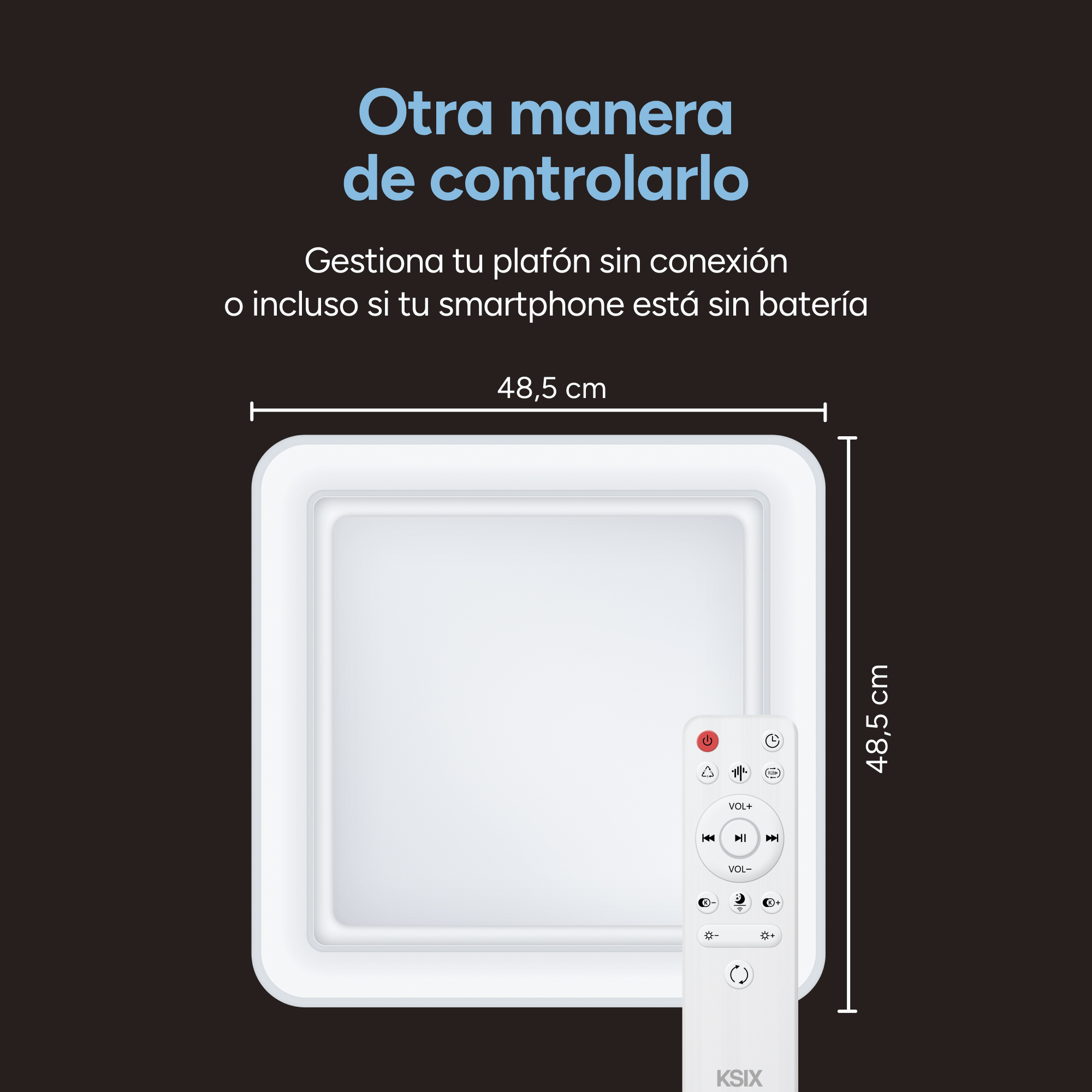 Luz cuadrada blanca y un mando a distancia. Se muestran las dimensiones y las funciones de control del mando.