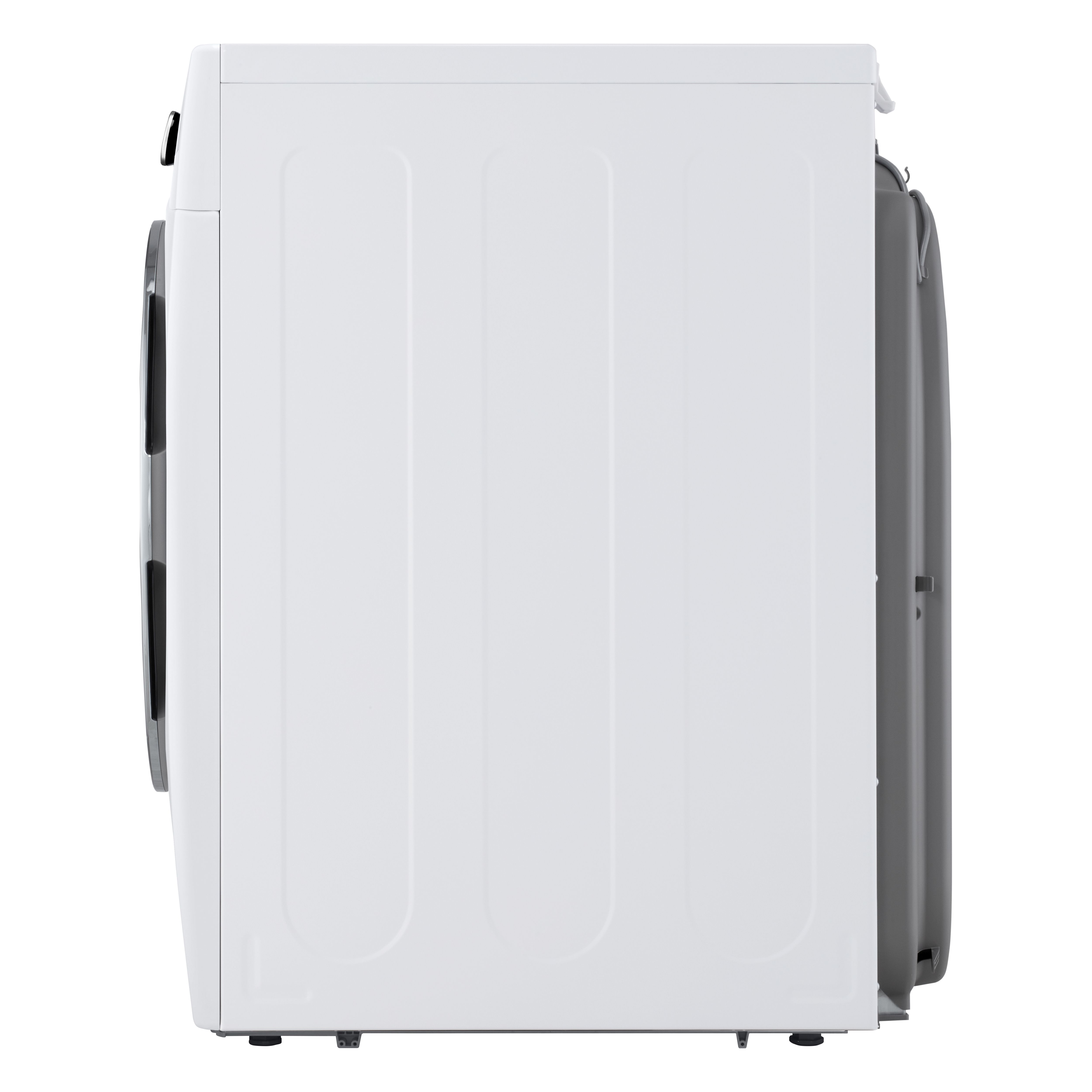Widok z boku białej pralki. Bok jest gładki z kilkoma pionowymi liniami i ciemnoszarymi drzwiami.