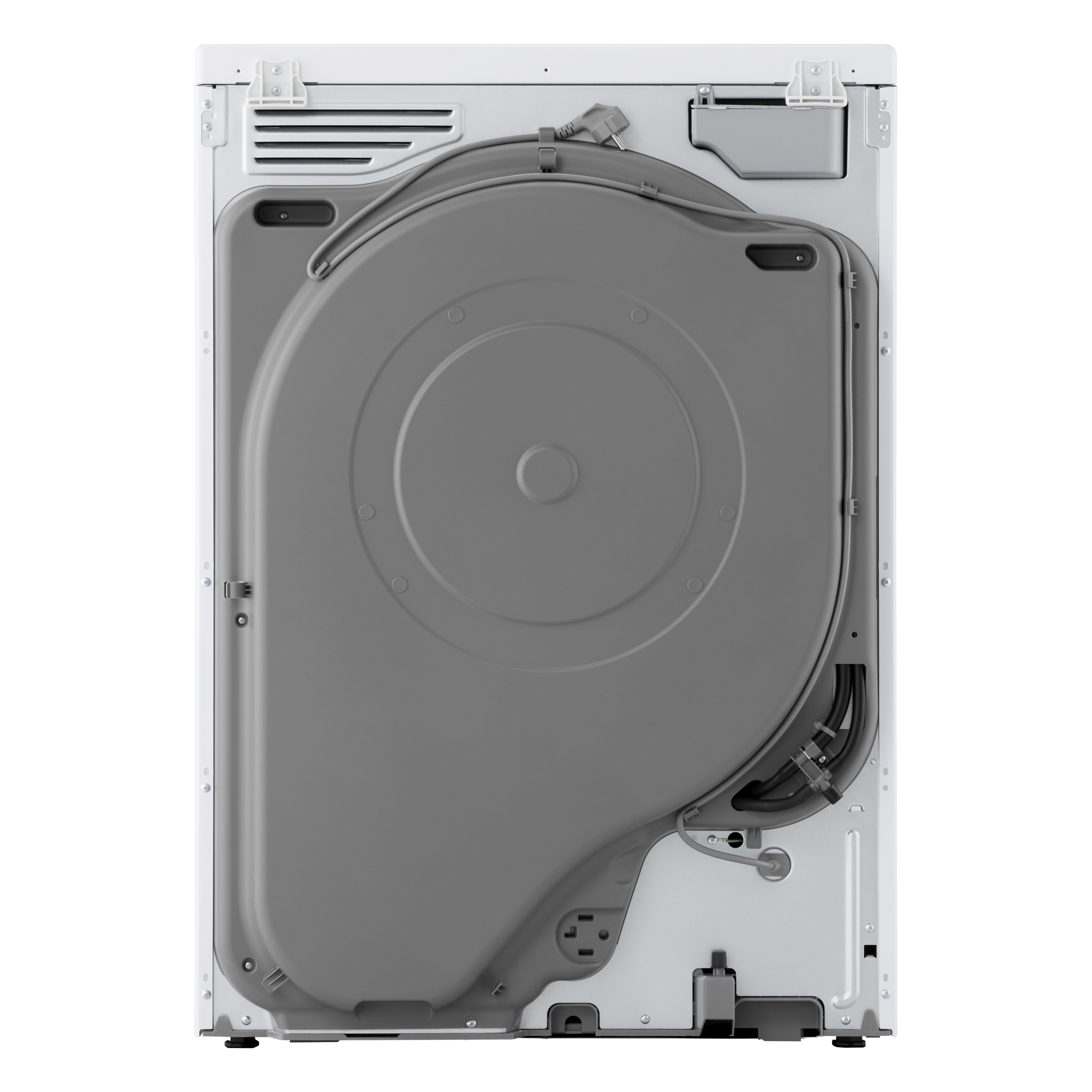 Tył białej suszarki. Widoczne szare elementy. Przewód zasilający u góry po prawej.