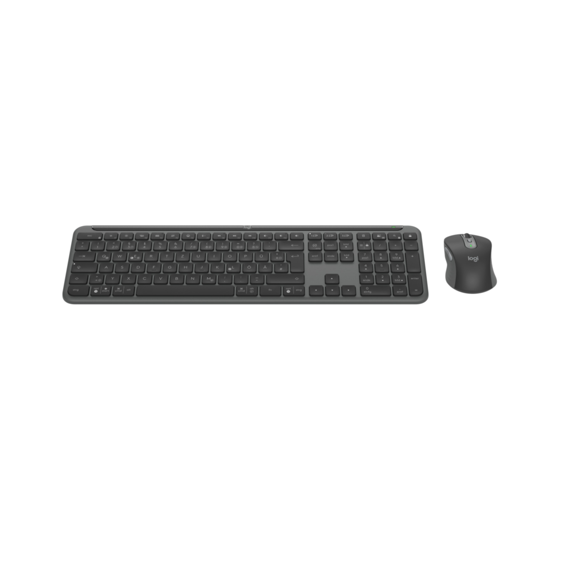 Una combo tastiera e mouse wireless. La tastiera è grigio scuro e il mouse nero.