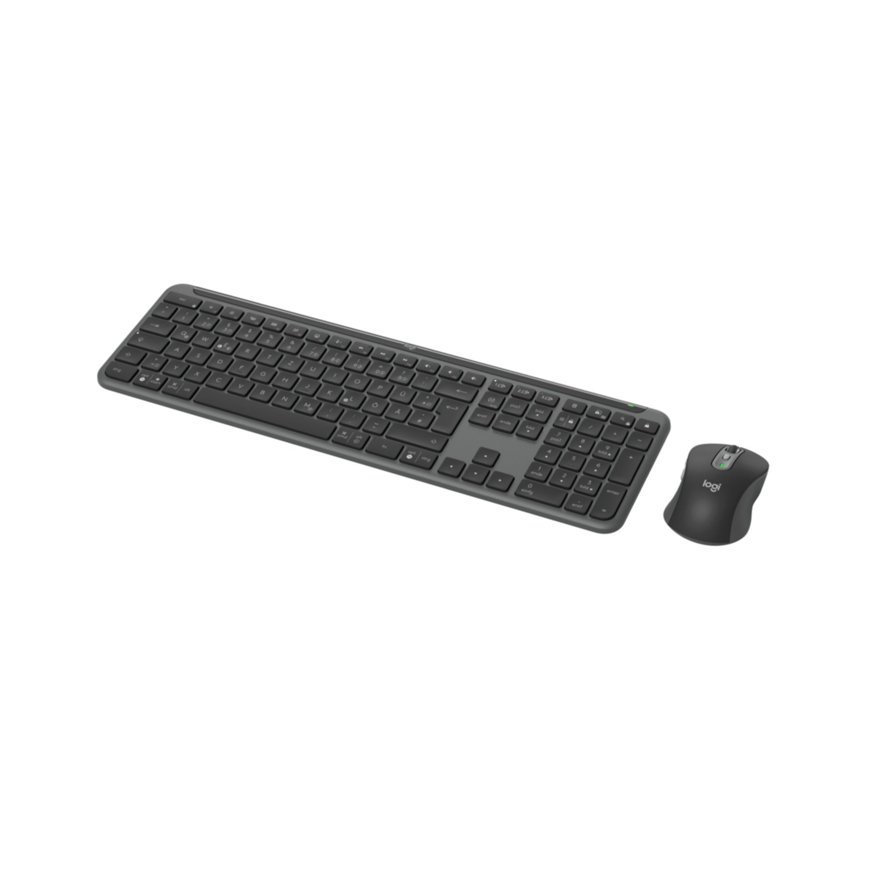 Una combo tastiera e mouse wireless. La tastiera è grigio scuro e il mouse nero.