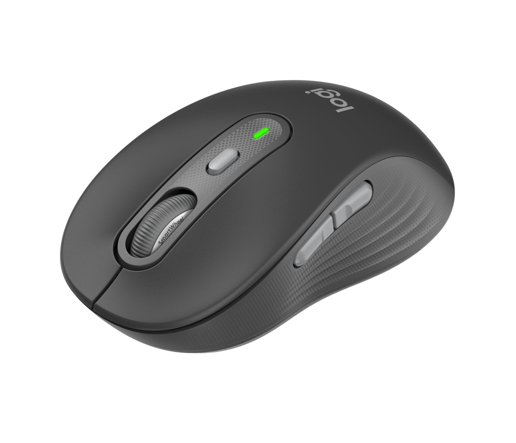 Eine schwarze Logitech-Maus mit zentralem Scrollrad, Seitentasten und dem Logitech-Logo.