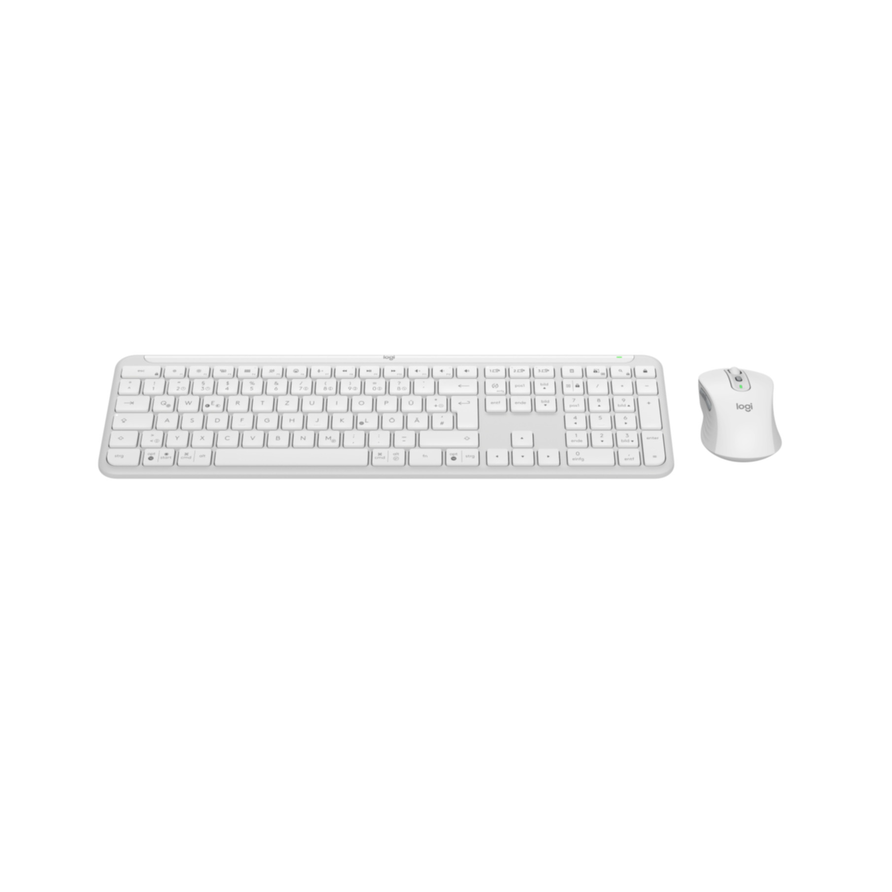 Un set di tastiera e mouse bianchi, posizionati su uno sfondo bianco, con il logo Logitech.